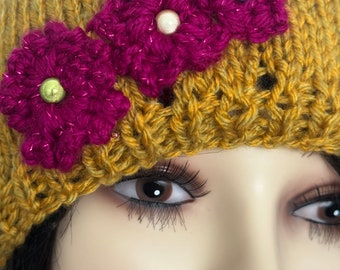 Hand Knits 2 Love Beanie Slouch Hat Cap Flowers Decorative  display picture 1