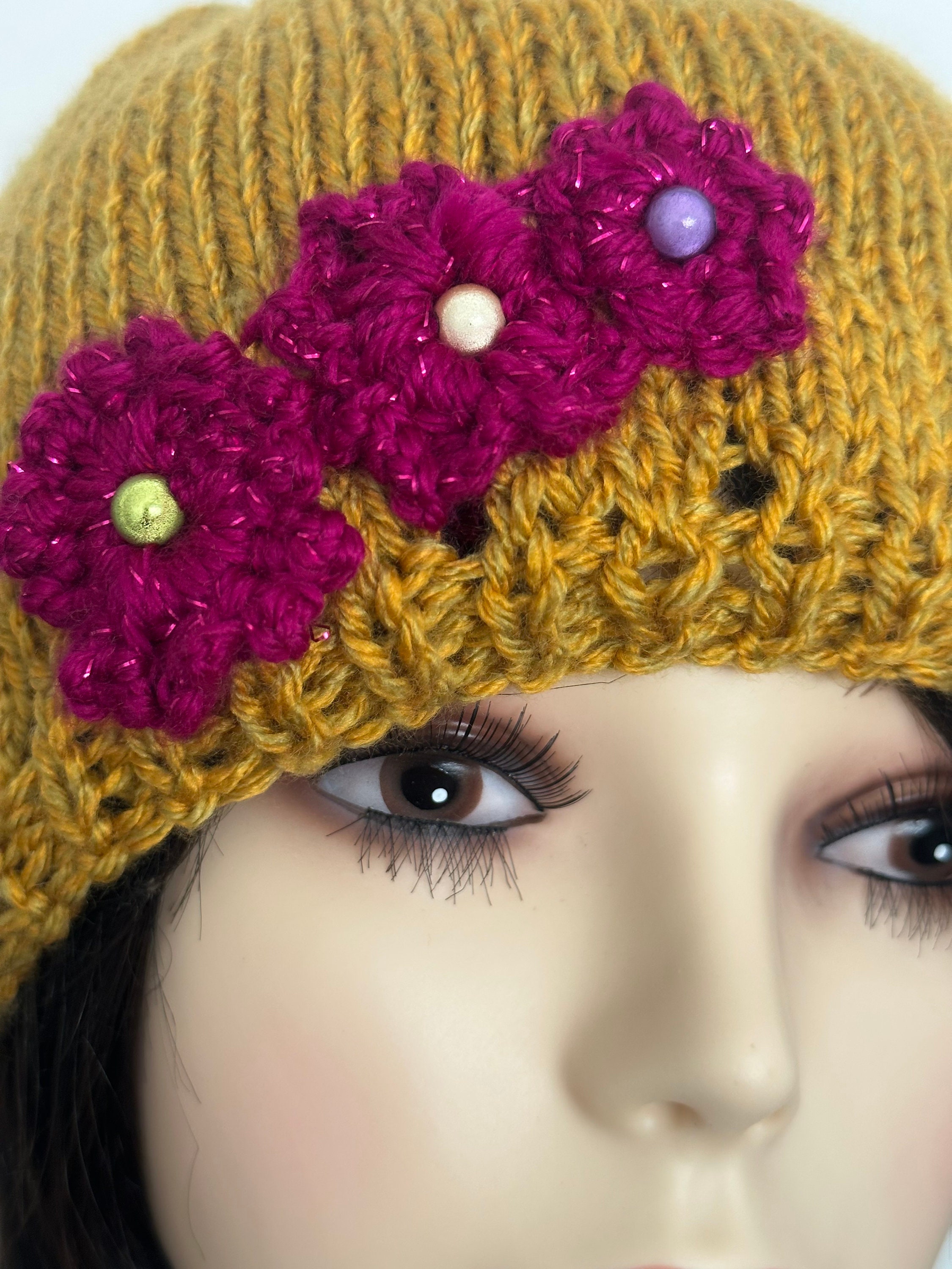 Hand Knits 2 Love Beanie Slouch Hat Cap Flowers Decorative  display picture 3