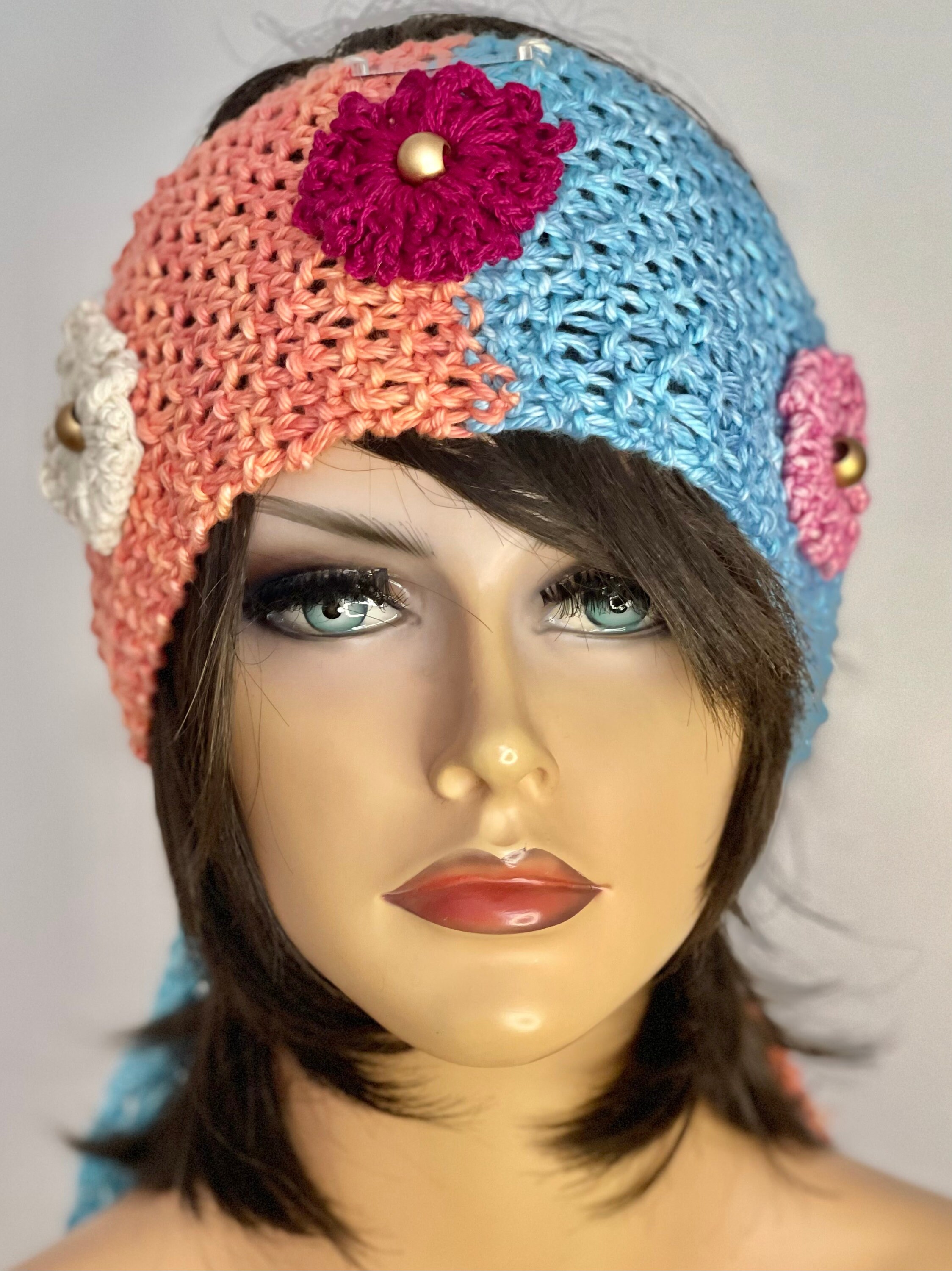 Hand Knits 2 Love Cotton Headband Flower Bead Designer Pink Gift Romantic Boho Hand Knits 2 Love Cotton Bandana Headbabd Headwrap Scarf  main image 3