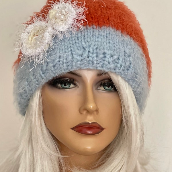 Hand Knits 2 Love Slouch Beanie Gat Cap Two Tone Flowers Beads Designer Fashion Tangerine Orange Sky Blue Head Hair Chemo