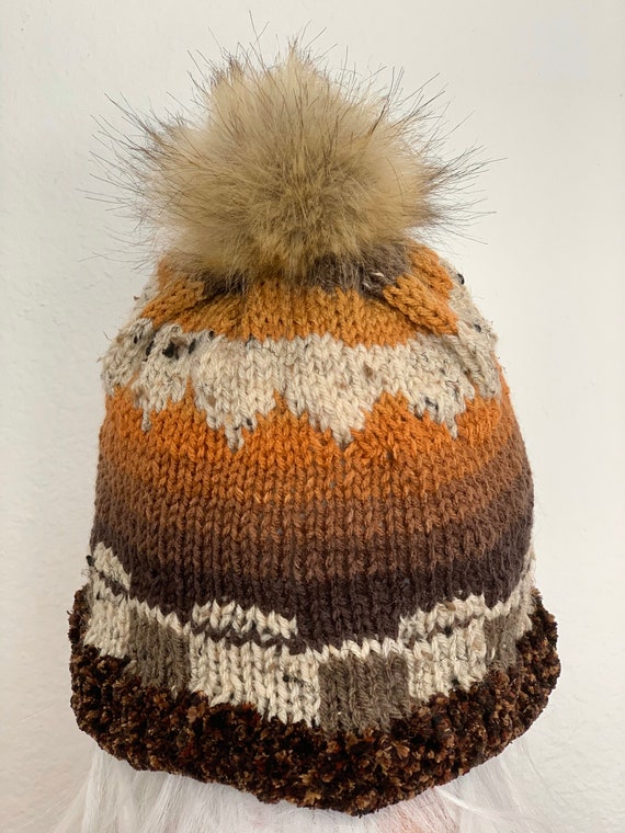 Hand Knits 2 Love Slouch Hat Beanie Fairisle Ombré Faux Fur PomPom Designer Boho Hand Knits 2 Love Ombre Beanie Hat Slouch Cap Fair-isle Faux  main image 2