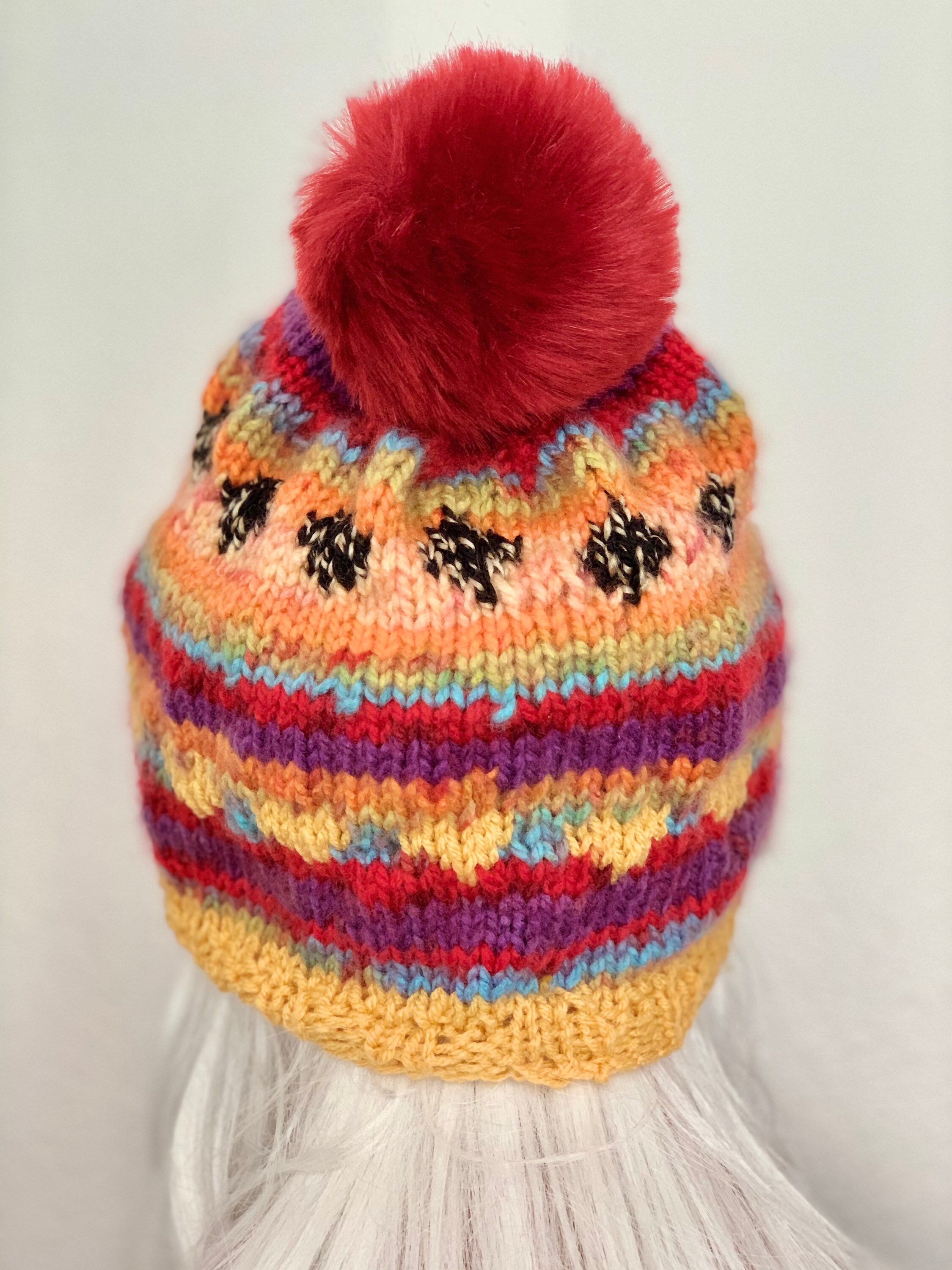 Hand Knits 2 Love Slouch Beanie Hat Cap Fair-isle Faux Fur Pom Pom Designer Hip Hand Knits 2 Love Slouch Beanie Hat Fair-isle Hearts Faux  main image 2