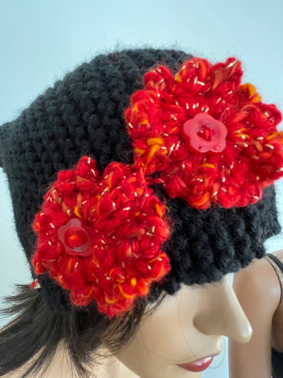 Hand Knits 2 Love Slouch Beanie Hat Cap Flowers Tie Designer 