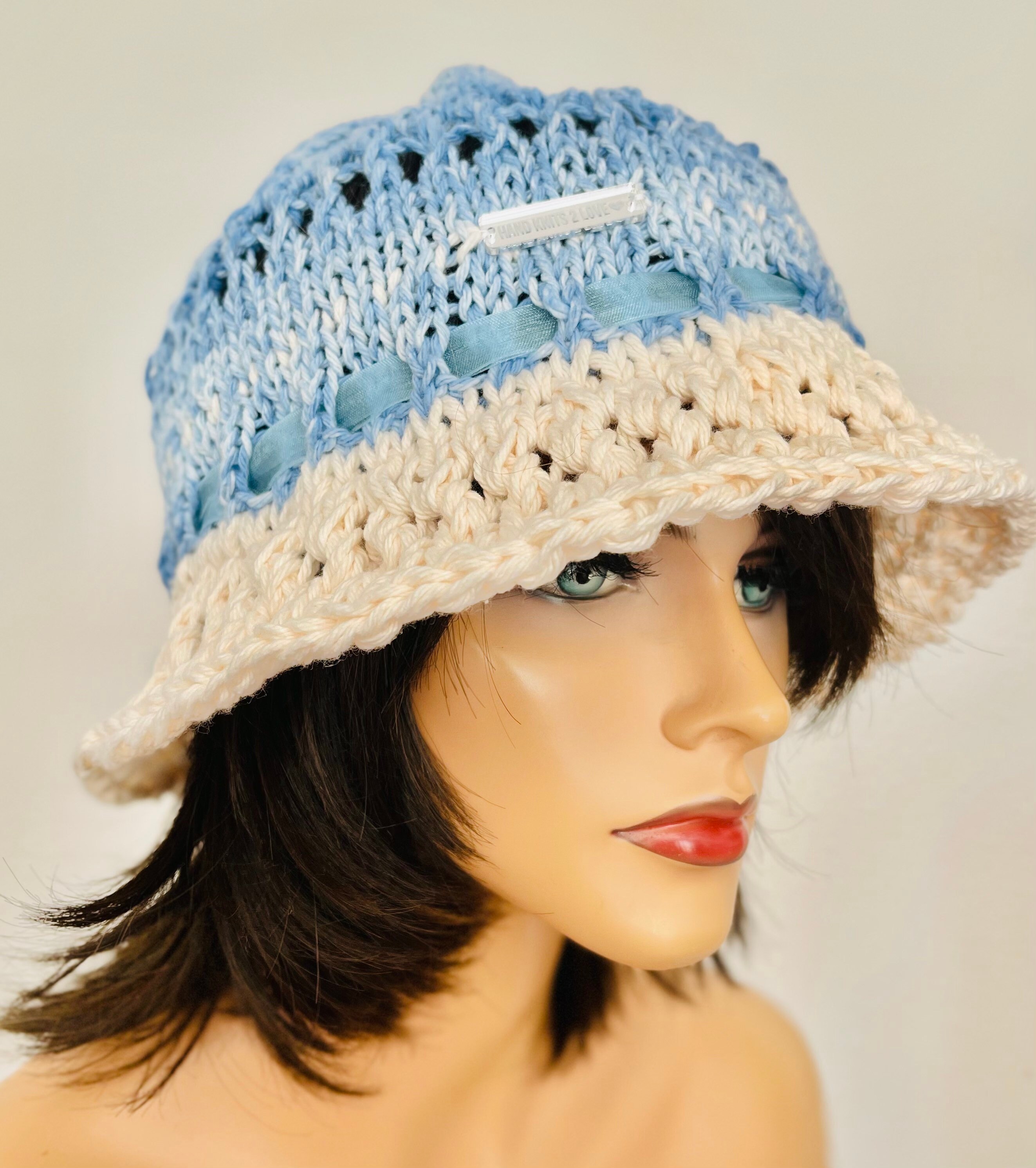Hand Knits 2 Love Brim Hat Cap Beanie Ombre Blues Braids Pearls Designer Gift Hand Knits 2 Love Cotton Brim Hat Cap Ombre Blues off Ehite  main image 2