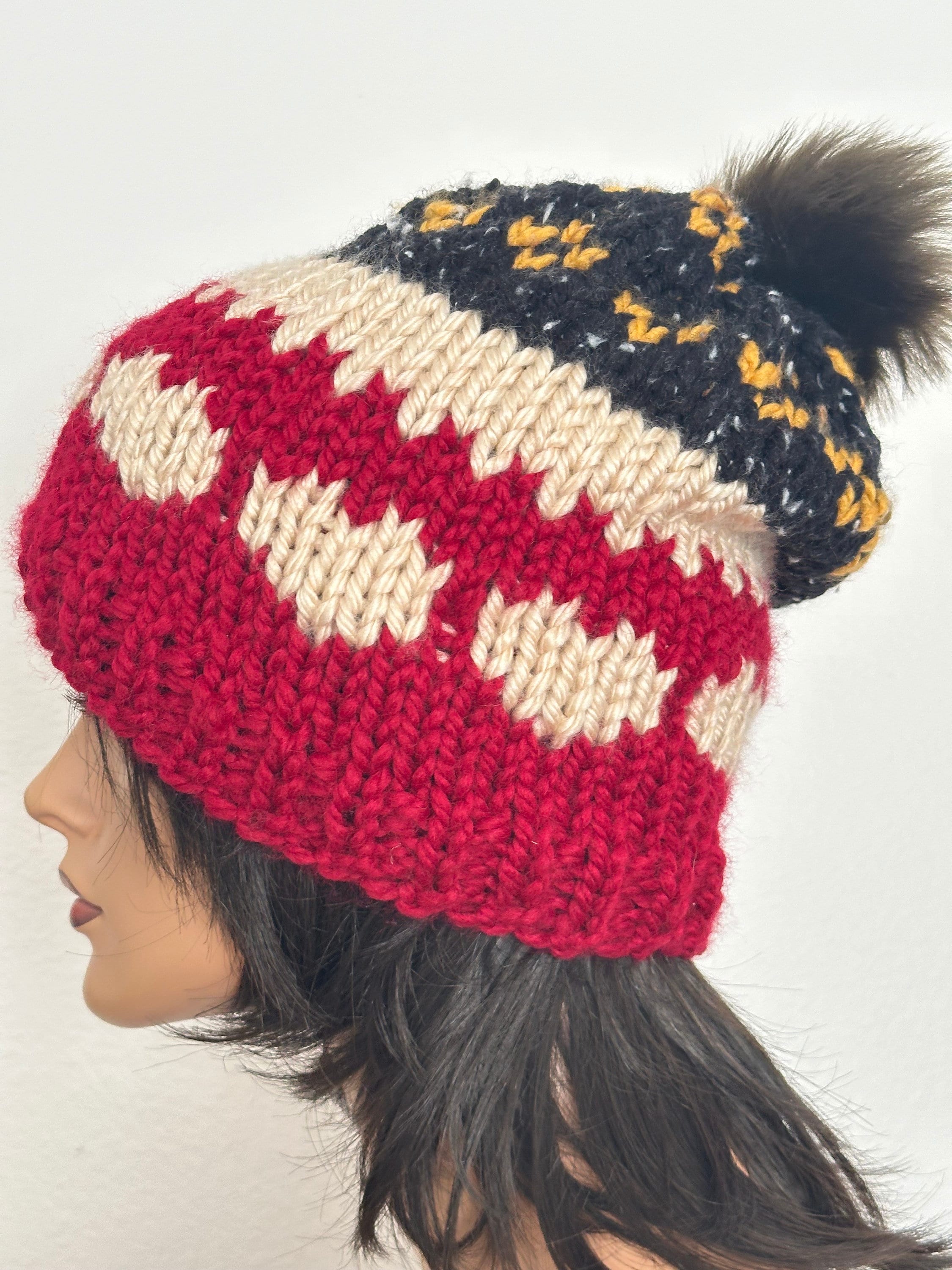 Hand Knits 2 Love Slouch Beanie Hat Faux Fur Pom Pom Hearts Designer Multicolor Toddler Knit Heart Pom Hat | Rainbow Beanie | b.e.happe main image 3