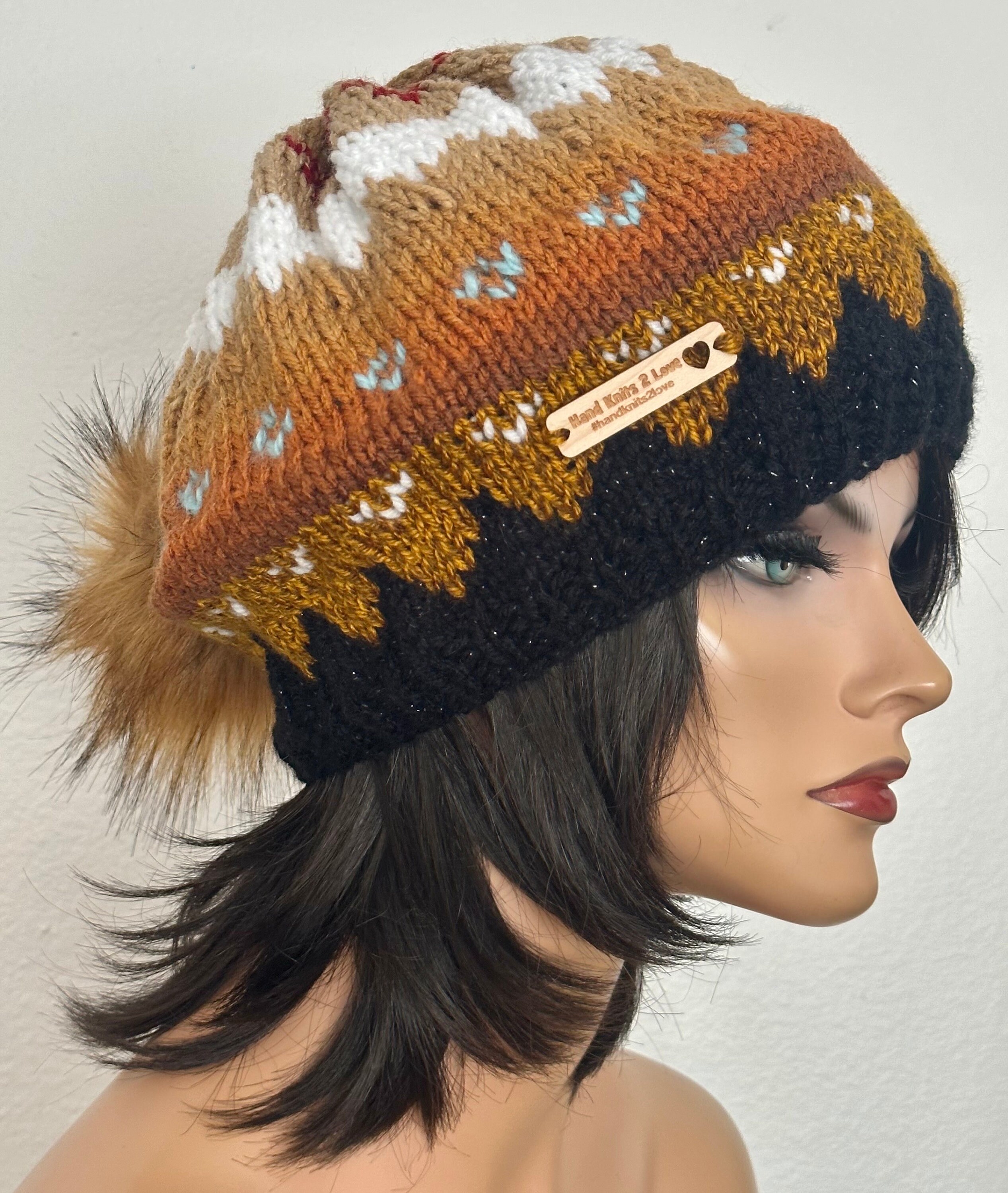 Hand Knits 2 Love Beanie Hat Cap Slouch Fair-isle Faux Fur 