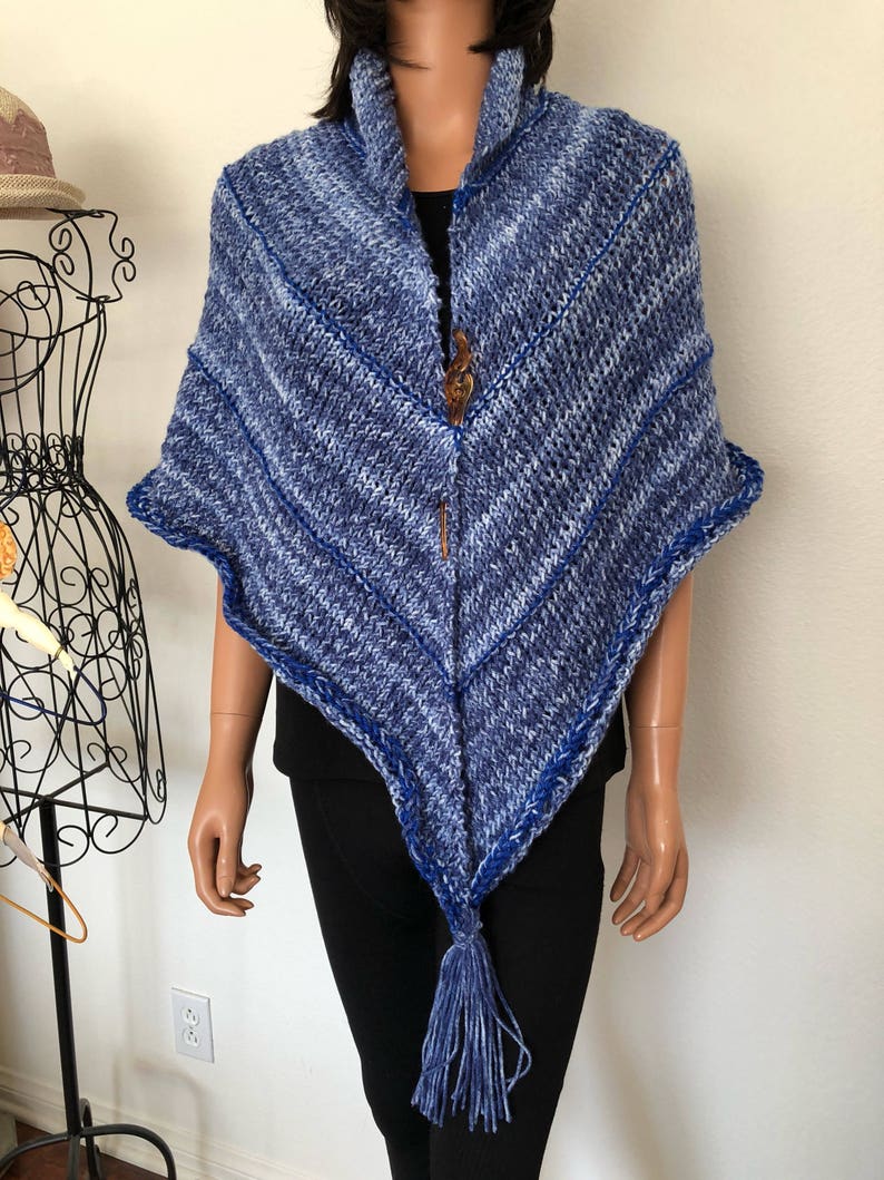 Hand Knits 2 Love Shawl Wrap Designer Fashion Fringes Denim Blues Ombre Four Seasons Gift Birthday Shower Cowl Hip Western Female Soft Cozy image 9