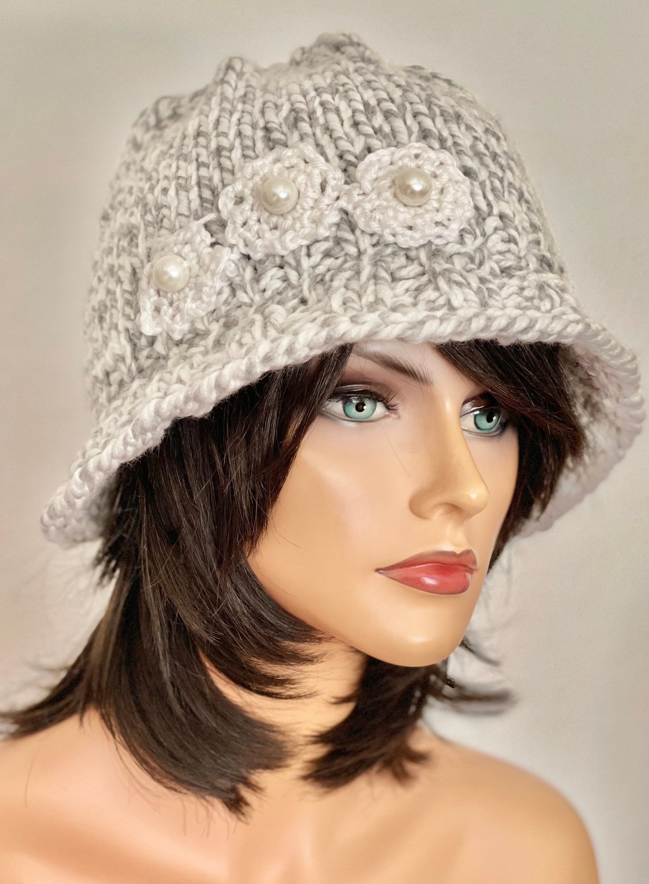 Hand Knits 2 Love Brim Hat Cap Beanie Ombre Blues Braids Pearls Designer Gift Hand Knits 2 Love Hat Brim Cap Beanie Flowers Pearls  main image 3