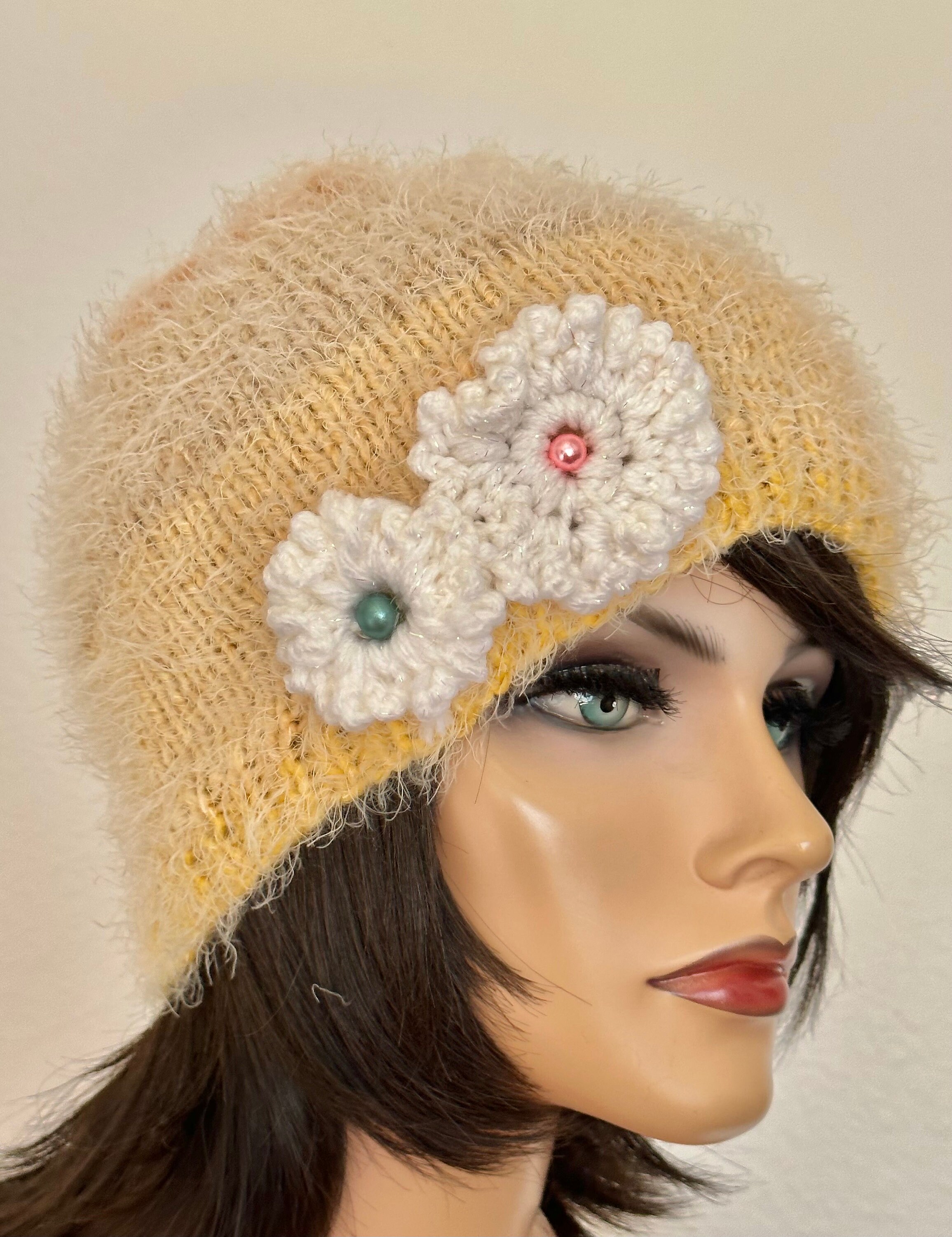 Hand Knits 2 Love Slouch Beanie Hat Cap Flowers Beads Ombre Green Designer Chic Hand Knits 2 Love Slouch Beanie Hat Cap Ombre Mohair Look  main image 3