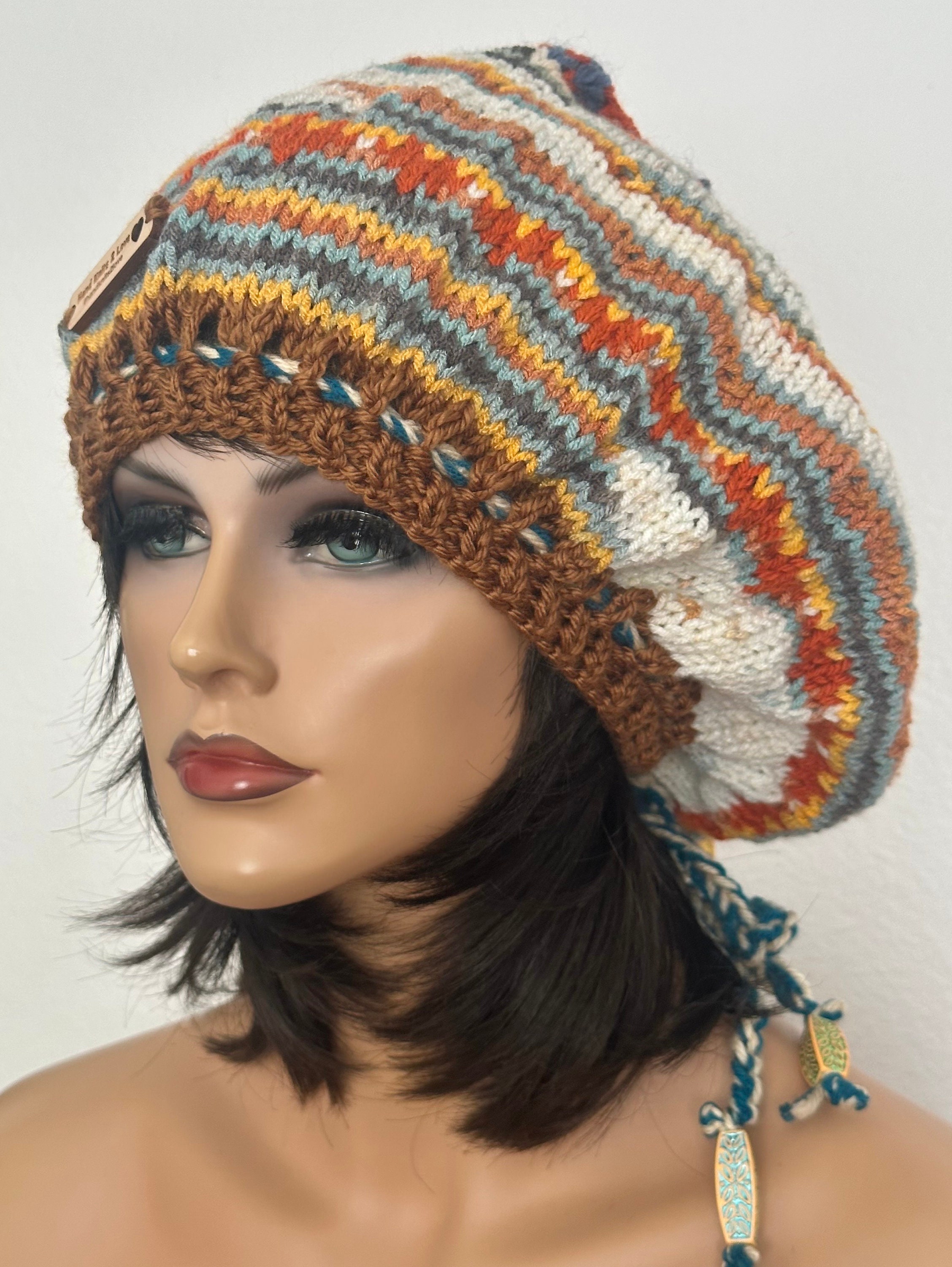 Hand Knits 2 Love Slouch Hat Tam Beanie Cap Fair-isle Deco Beads Hip Adjustable Hand Knits 2 Love Ombre Beanie Hat Slouch Cap Fair-isle Faux  main image 3