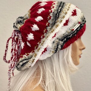 Hand Knits 2 Love Slouch Beanie Cap Neck-warmer Fair-isle Hearts Silver Beads Designer Fashion Gift Christmas Head Hair Neck Chemo