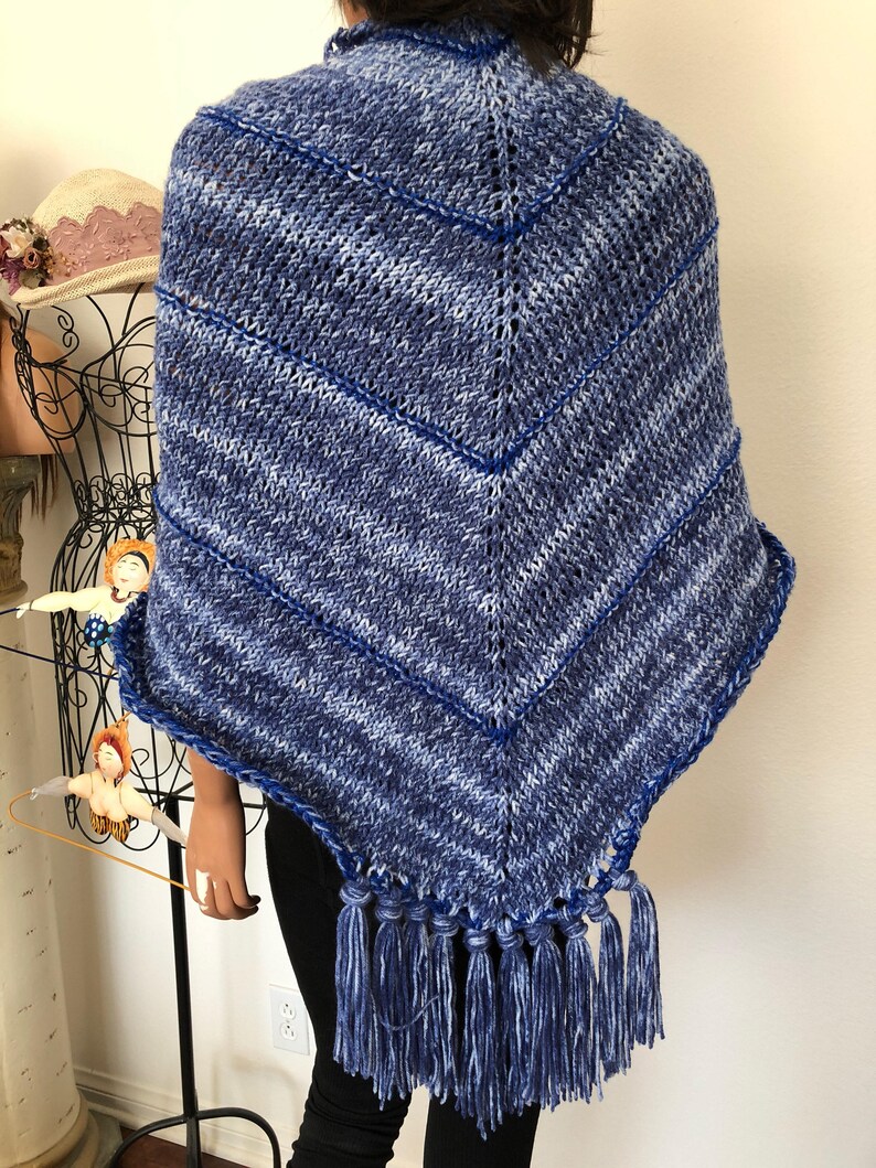 Hand Knits 2 Love Shawl Wrap Designer Fashion Fringes Denim Blues Ombre Four Seasons Gift Birthday Shower Cowl Hip Western Female Soft Cozy image 2