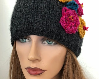 Hand Knits 2 Love Hat Beanie Cap Flowers Gold Designer  display picture 3