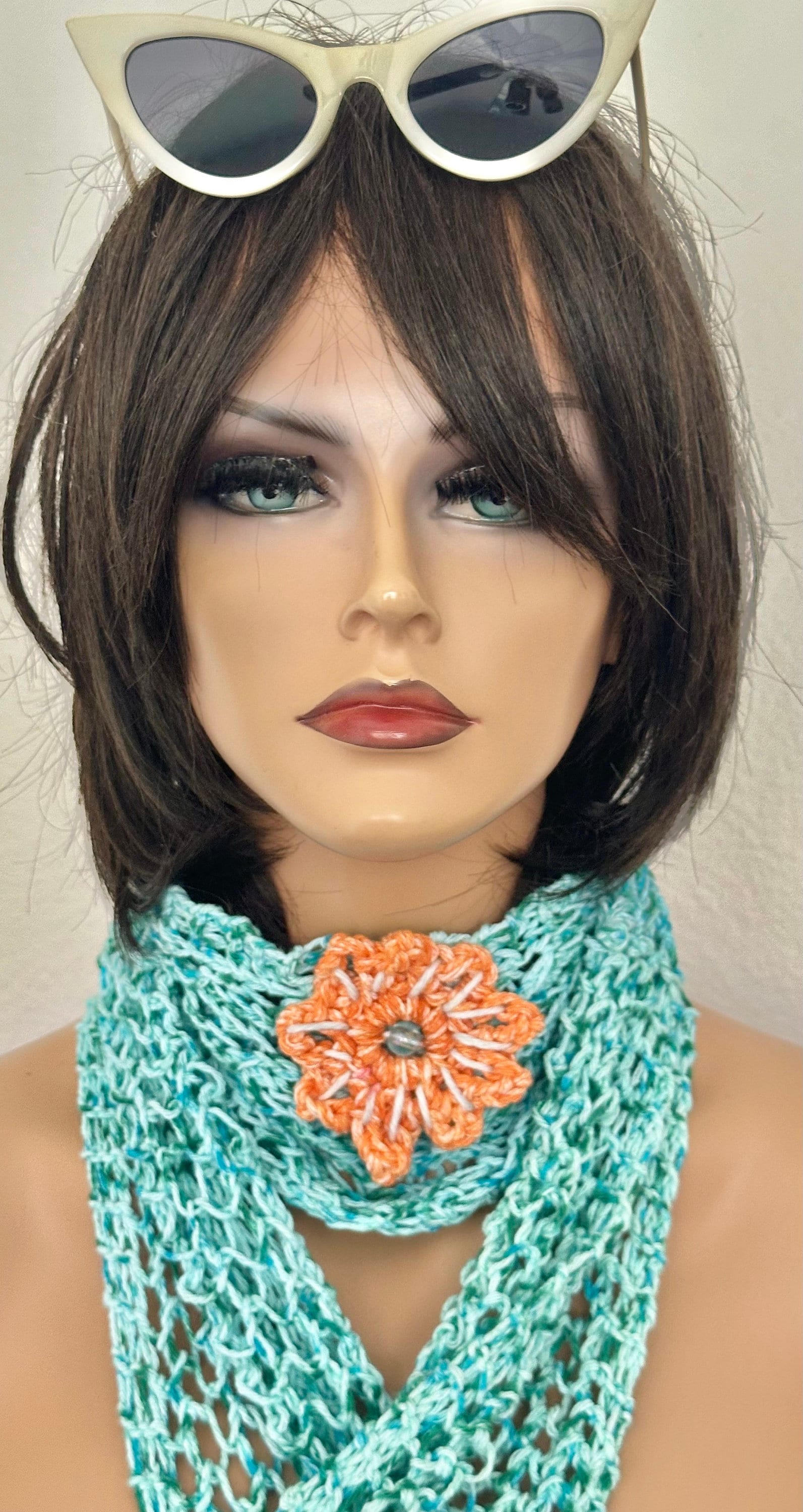 Hand Knits 2 Love Cotton Bandana Headband Lace 3D Flower Bead Designer Mint Hip Hand Knits 2 Love Cotton Bandana Headbabd Headwrap Scarf  main image 4