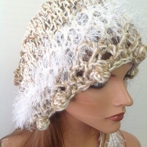 Hand Knit Scarf Hat Bandana Shawl Beret Deigner Fashion White Gold Taupe Brown Hip Lace Chic Evening Accessory Bubbles Floral Buds image 1