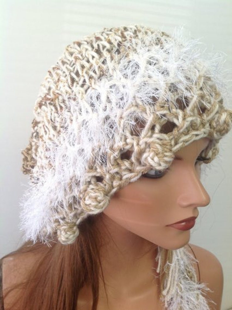 Hand Knit Scarf Hat Bandana Shawl Beret Deigner Fashion White Gold Taupe Brown Hip Lace Chic Evening Accessory Bubbles Floral Buds image 1