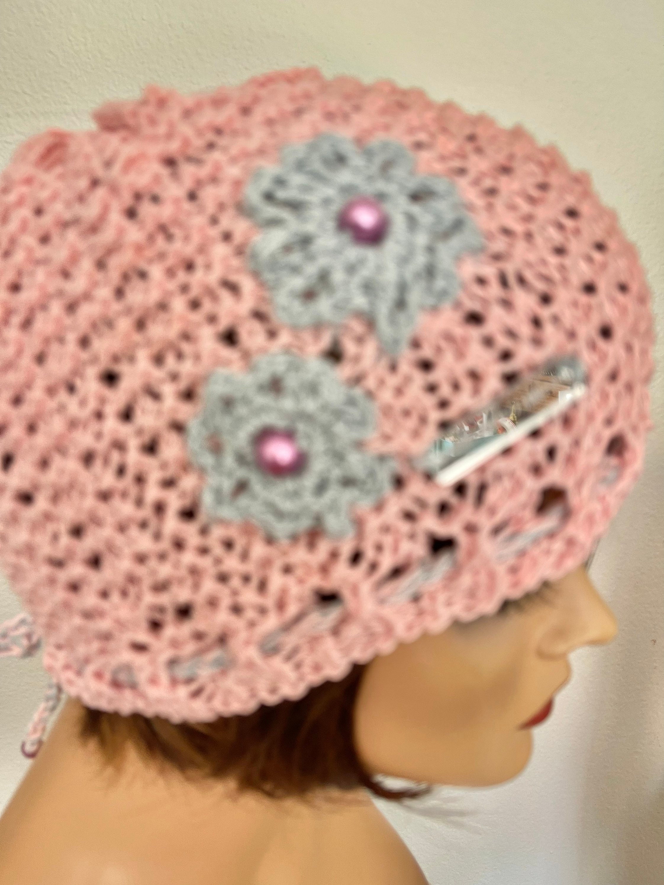 Hand Knits 2 Love Cotton Hat Cap Beanie Flowers Beads 