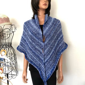 Hand Knits 2 Love Shawl Wrap Designer Fashion Fringes Denim Blues Ombre Four Seasons Gift Birthday Shower Cowl Hip Western Female Soft Cozy image 1