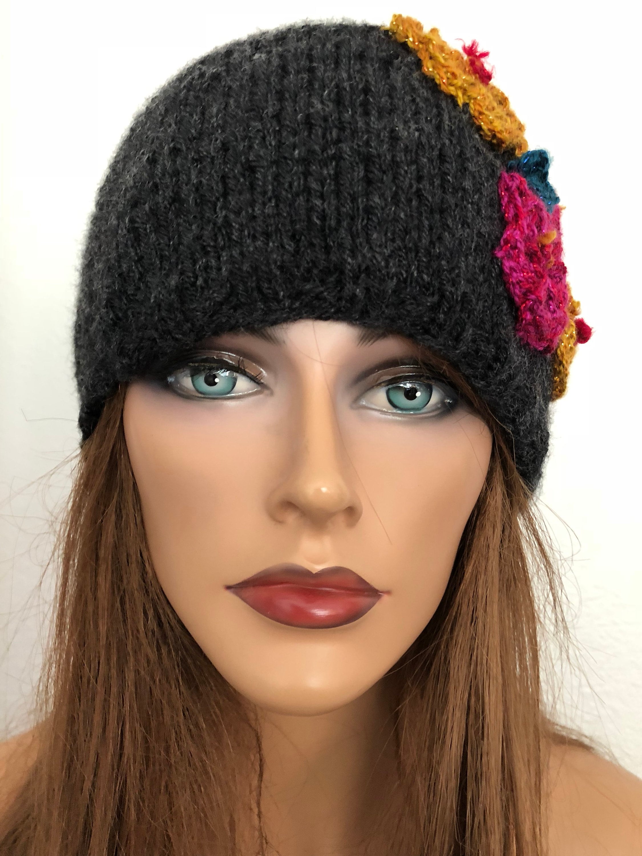 Hand Knits 2 Love Hat Beanie Cap Flowers Gold Designer  display picture 2