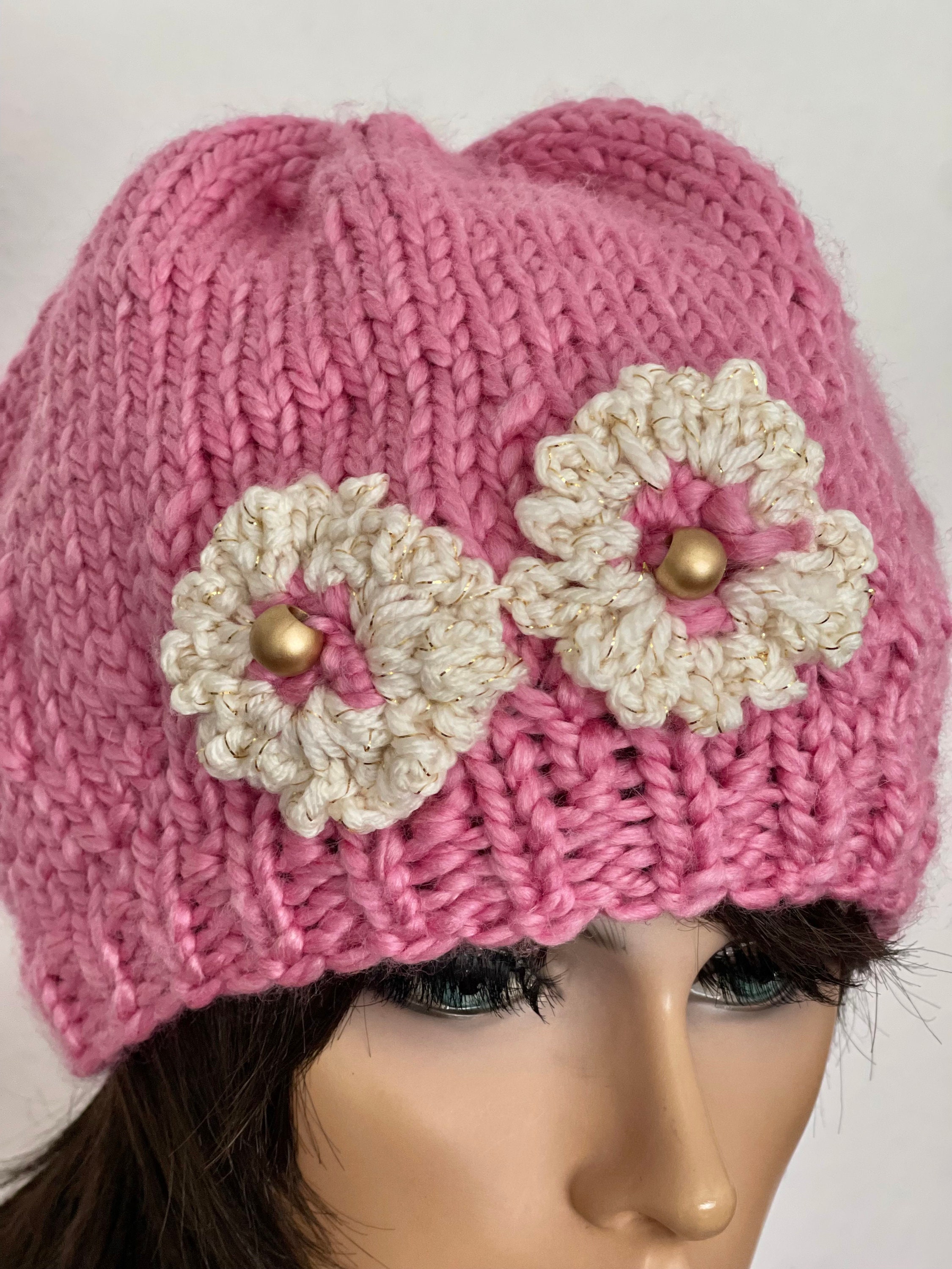 Hand Knits 2 Love Beanie Hat Cap Flowers Beads Pink Designer 