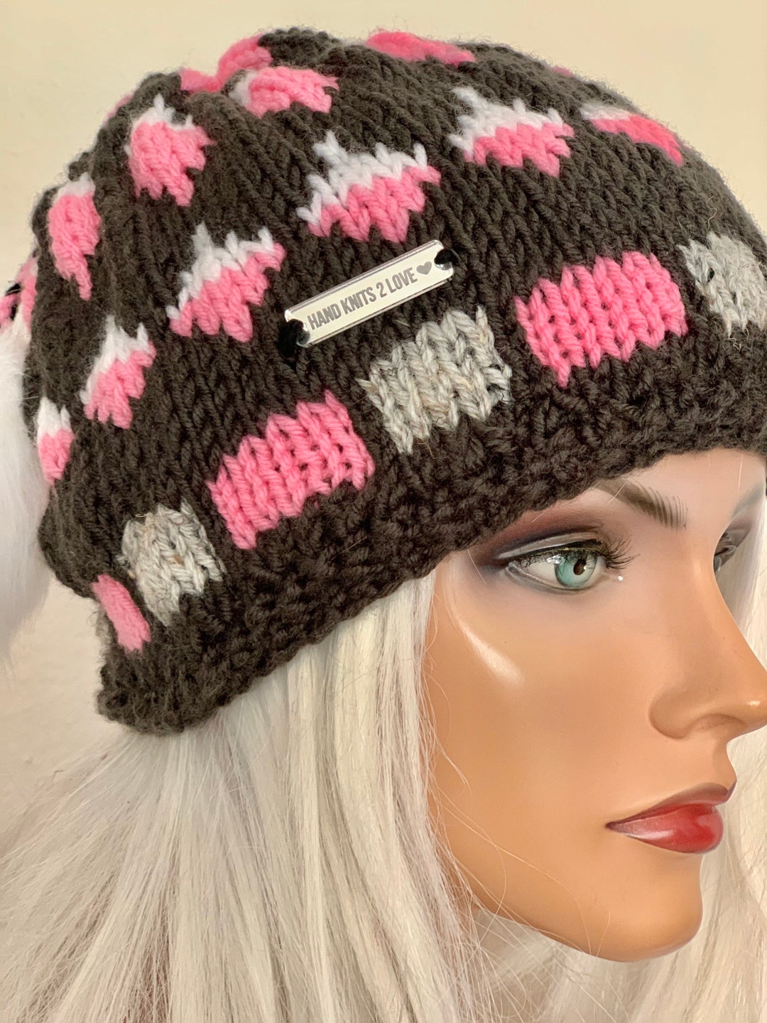 Hand Knits 2 Love Beanie Hat Cap Fair-isle Designer Adjustable Fit Pink Grey Hip Hand Knits 2 Love Beanie Hat Cap Fair-isle Designer Fashion  main image 2