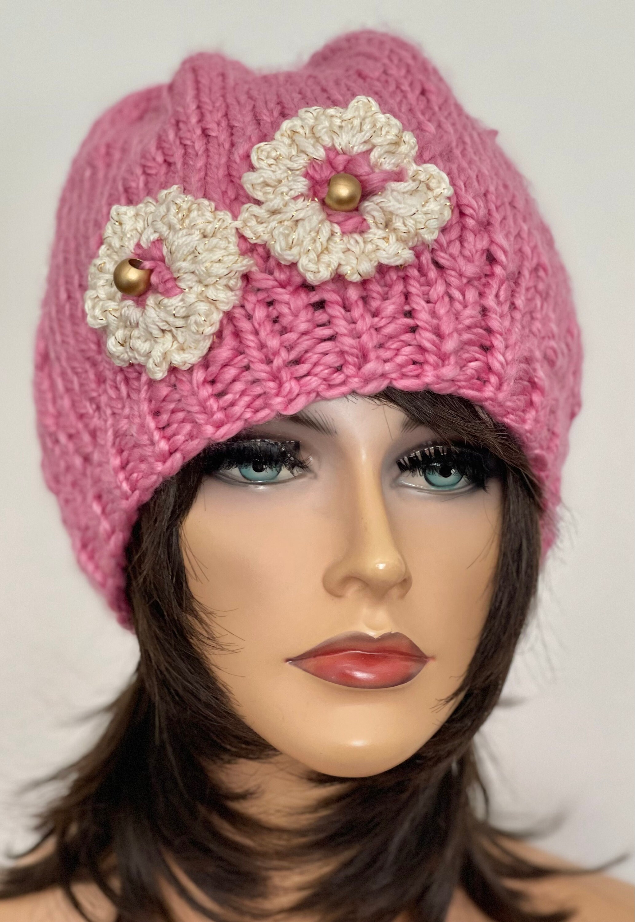 Hand Knits 2 Love Slouch Beanie Gat Neckwarmer Flower Beads Designer Black Pink Hand Knits 2 Love Slouch Beanie Hat Cap Chemo Flower Bead  main image 2