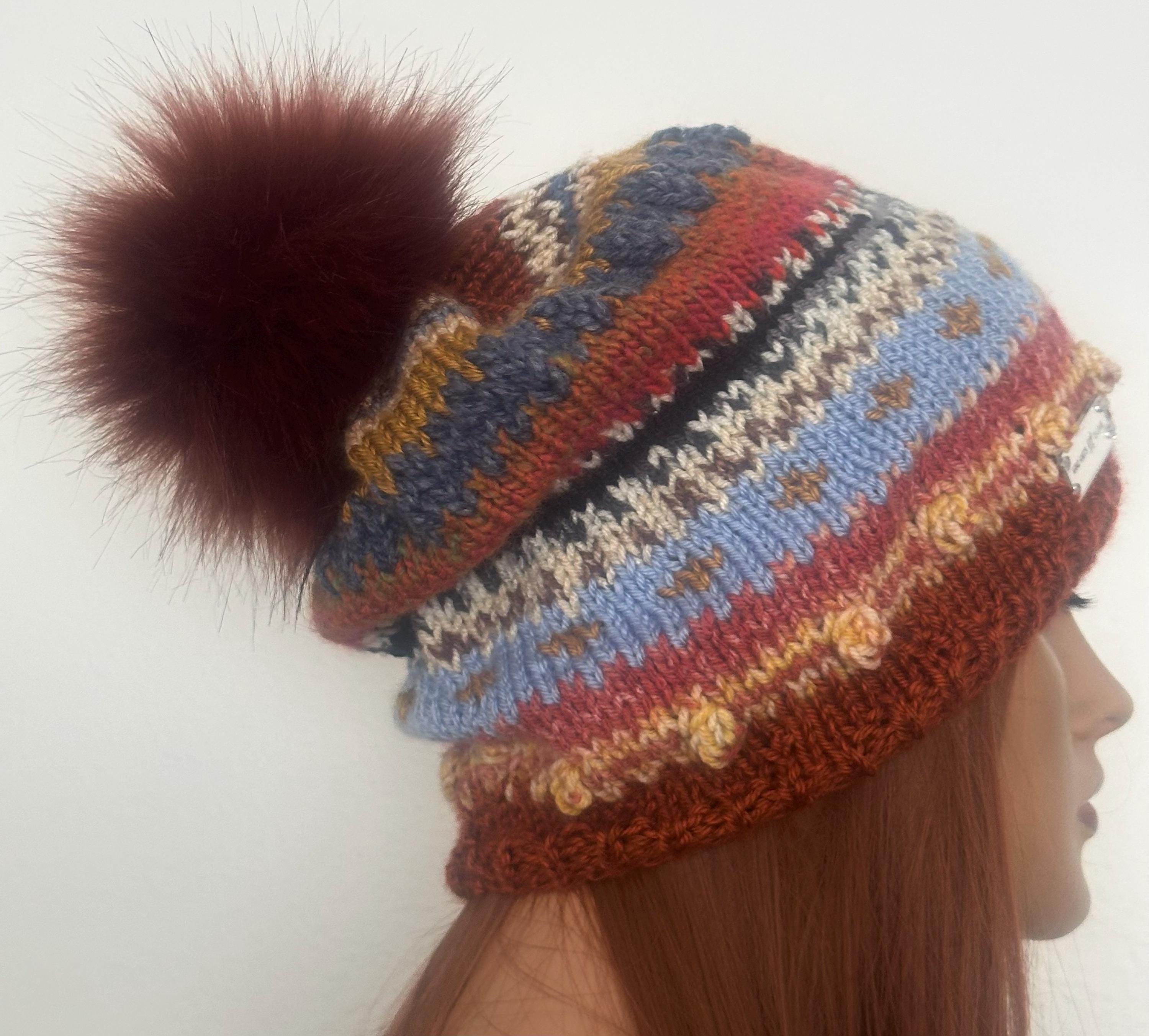 Hand Knits 2 Love Beanie Slouch Cap Faux Fur Pom Pom Soft 