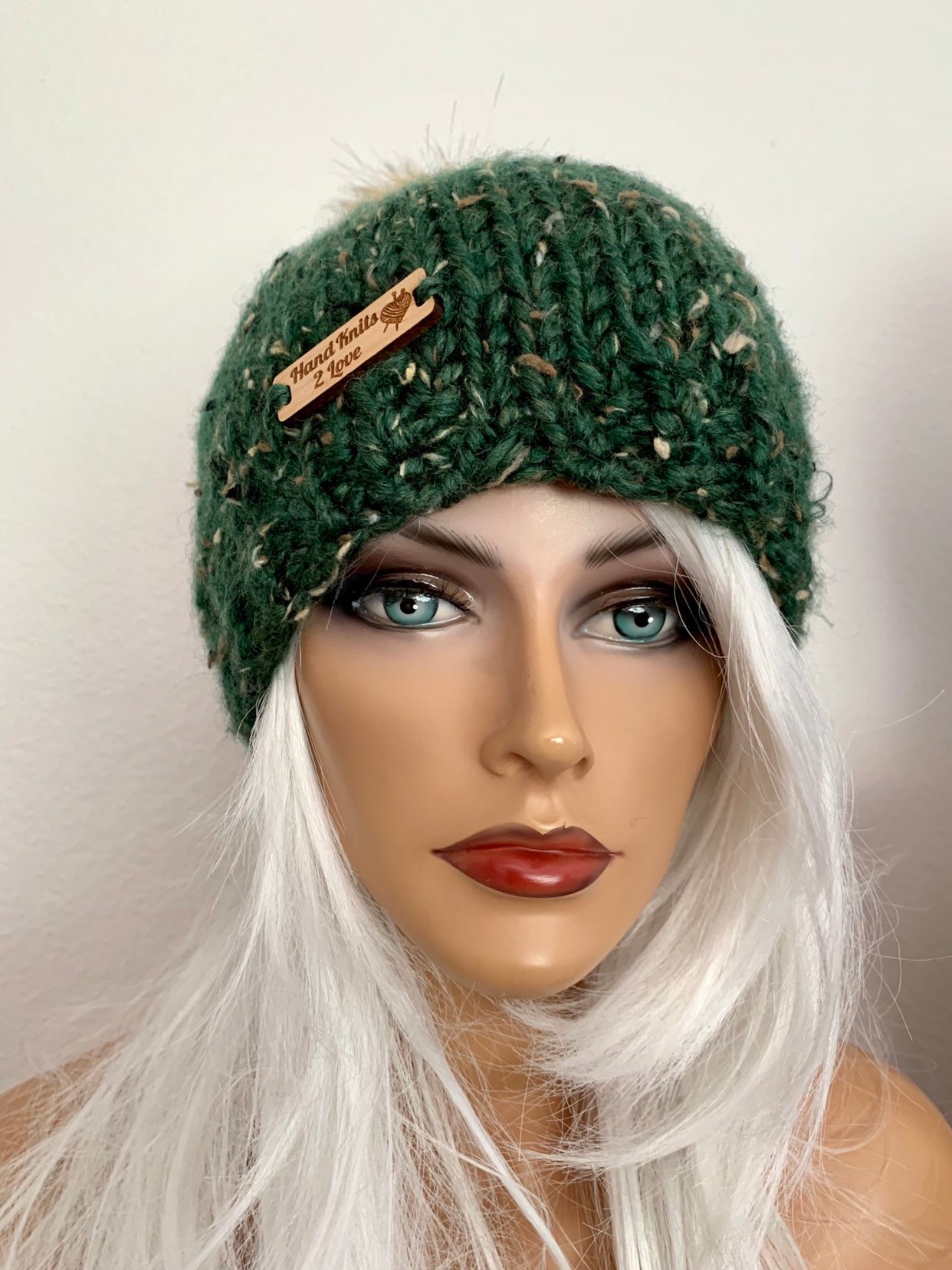 Hand Knits 2 Love Beanie Cap Faux Fur Pom Pom Army Green  display picture 3