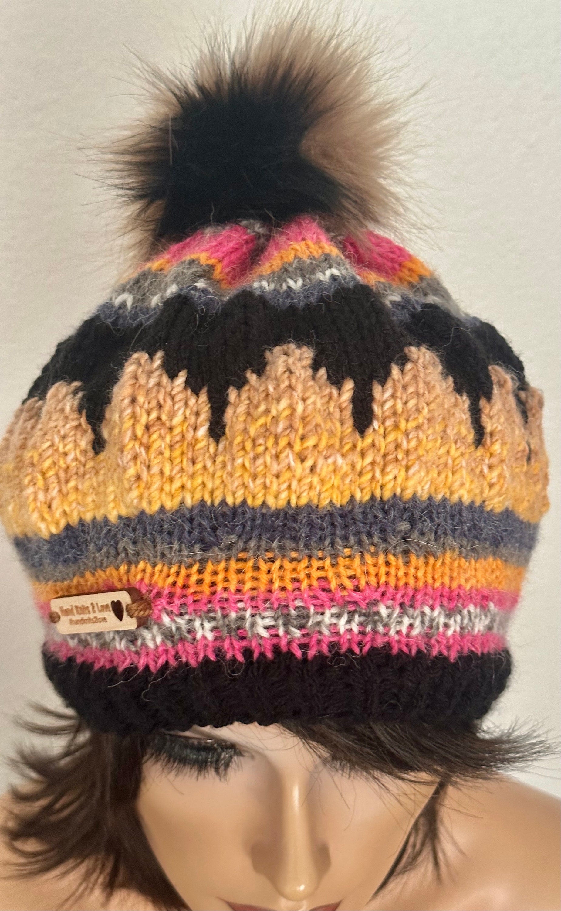 Hand Knits 2 Love Beanie Hat Cap Slouch Hearts Homes Fair-isle Designer Faux Pom Hand Knits 2 Love Beanie Slouch Hat Faux Fur Pom Pom Fair  main image 2