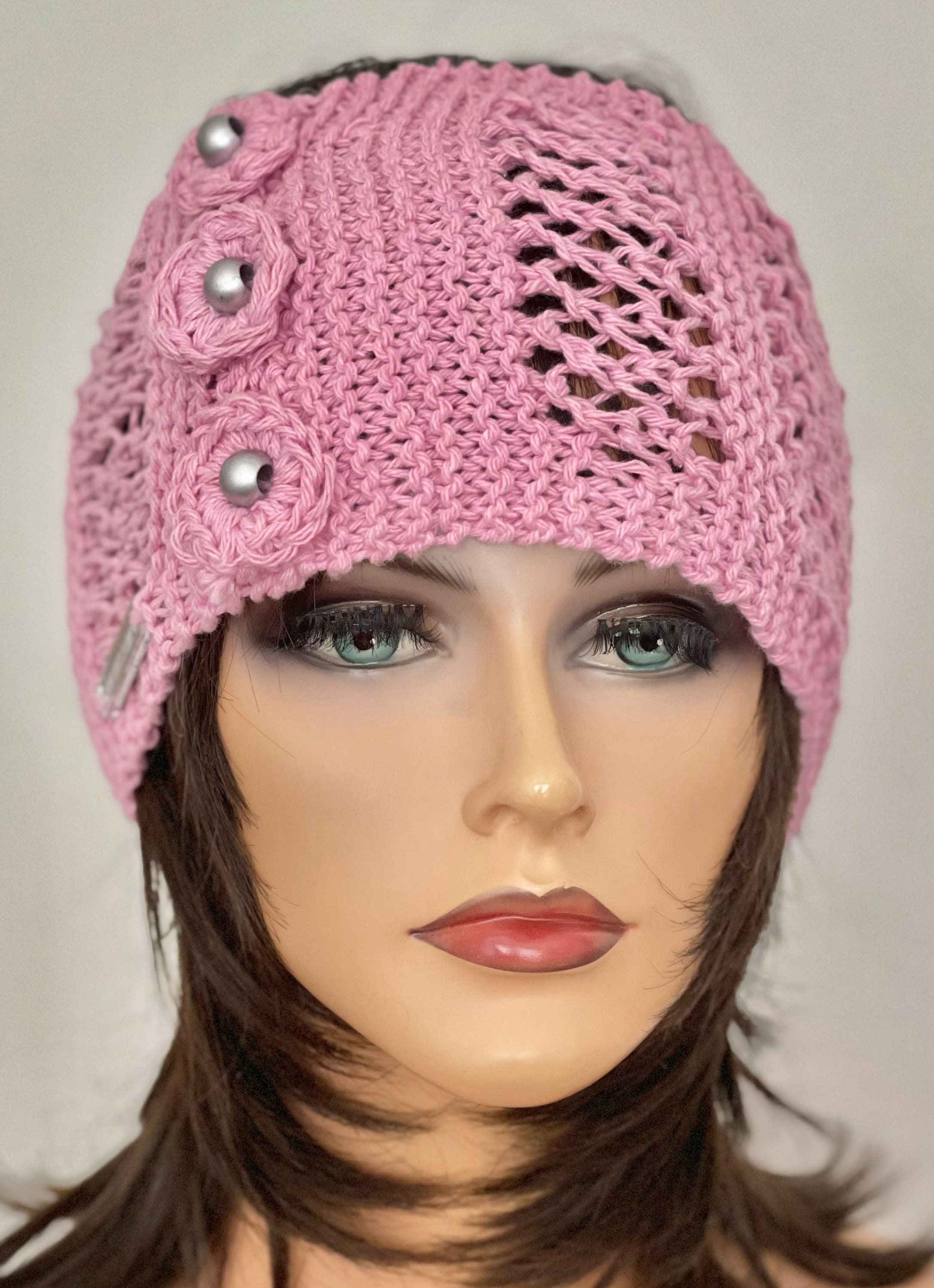 Hand Knits 2 Love Headband Bandana Headwrap Cotton Pink Multi Flowers Designer Hand Knits 2 Love Cotton Bandana Cap Slouch Headband Tassels  main image 2