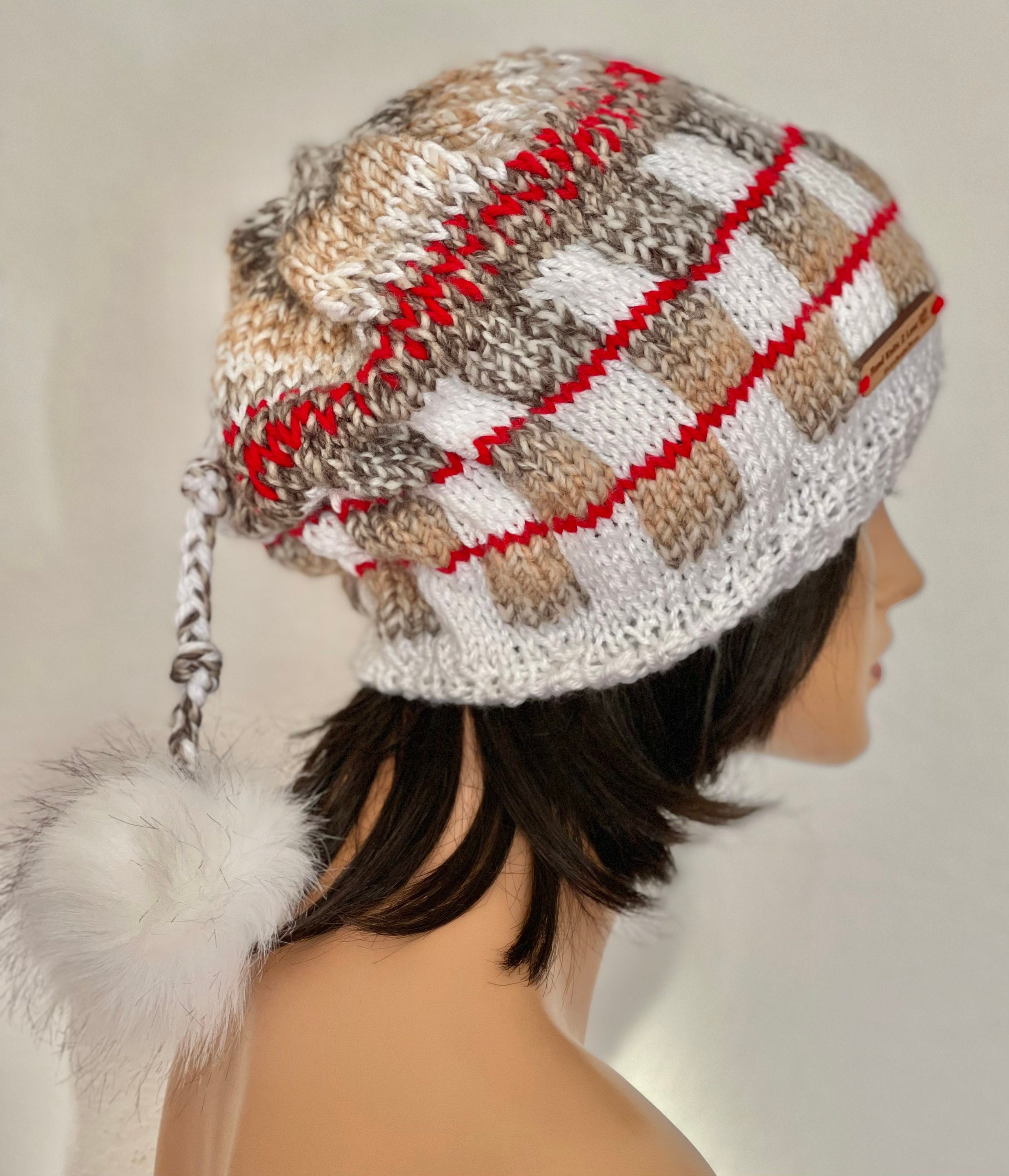 Hand Knits 2 Love Slouch Beanie Hat Cap Fair-isle Faux Fur  display picture 3