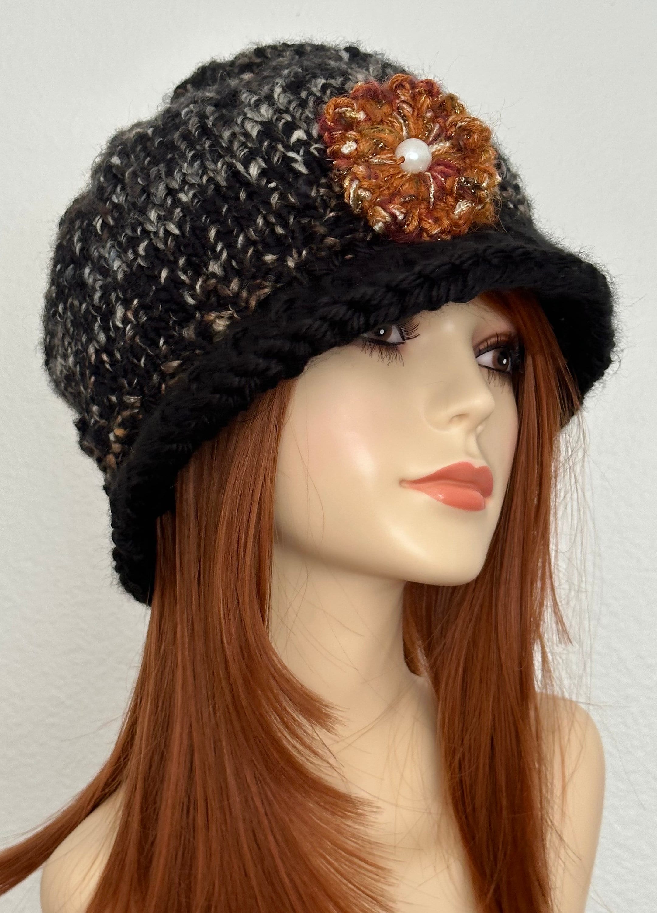 Hand Knits 2 Love Brim Hat Cap Beanie Ombre Blues Braids Pearls Designer Gift Hand Knits 2 Love Hat Brim Cap Beanie Flowers Pearls  main image 2