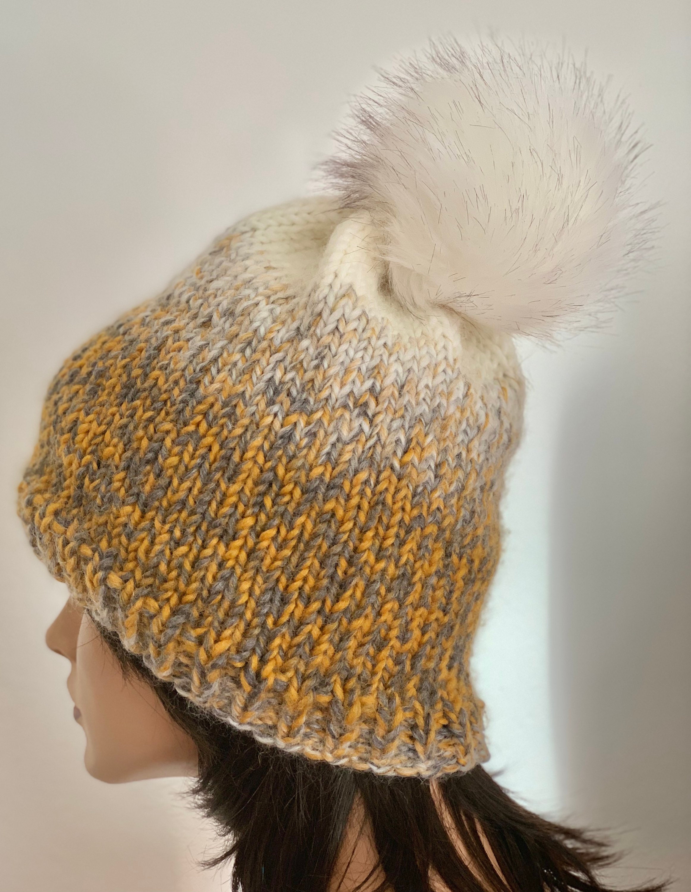 Hand Knits 2 Love Beanie Winter Hat Chunky Ombré Designer Faux Fur Pom Pom Warm Hand Knits 2 Love Beanie Hat Cap Slouch Ombre Faux Fur Pom  main image 3