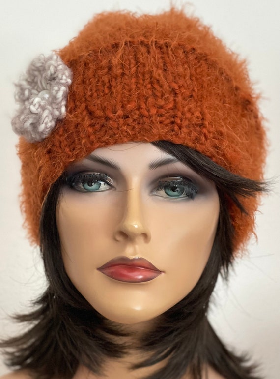 p잰Love Flower piercing beanie Hand Knits 2 Love Beanie Hat Cap Flower Pearl Rust Burnt