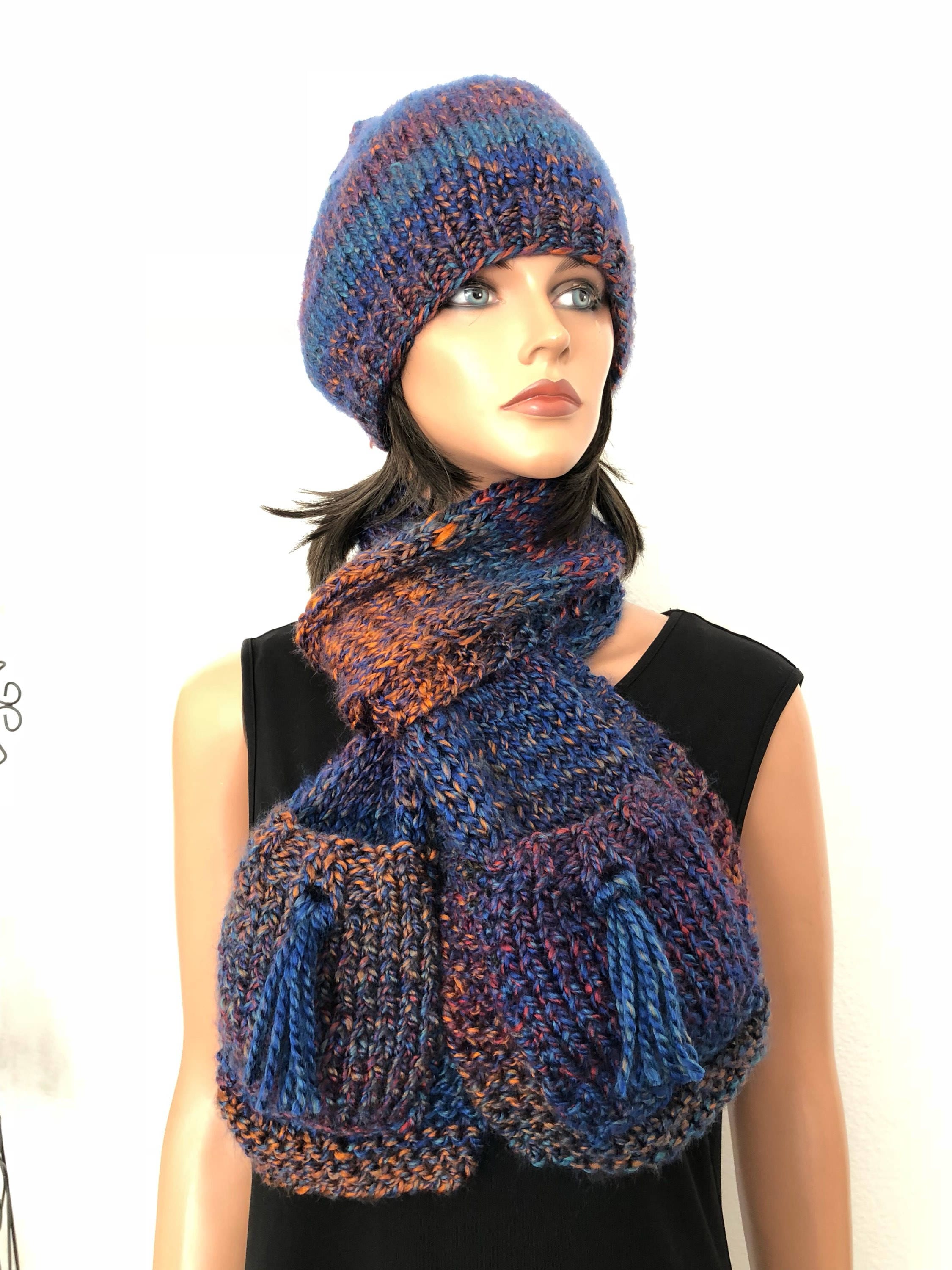 Hand Knits 2 Love Hat Scarf Set Beanie Shawl Pockets Fringe 