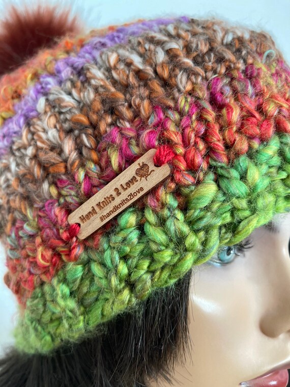 Hand Knits 2 Love Brim Hat Beanie Cap Bubbles Fringe Designer Semi Chunky Cozy Hand Knits 2 Love Beanie Hat Cap Boucle Chunky Nature  main image 2