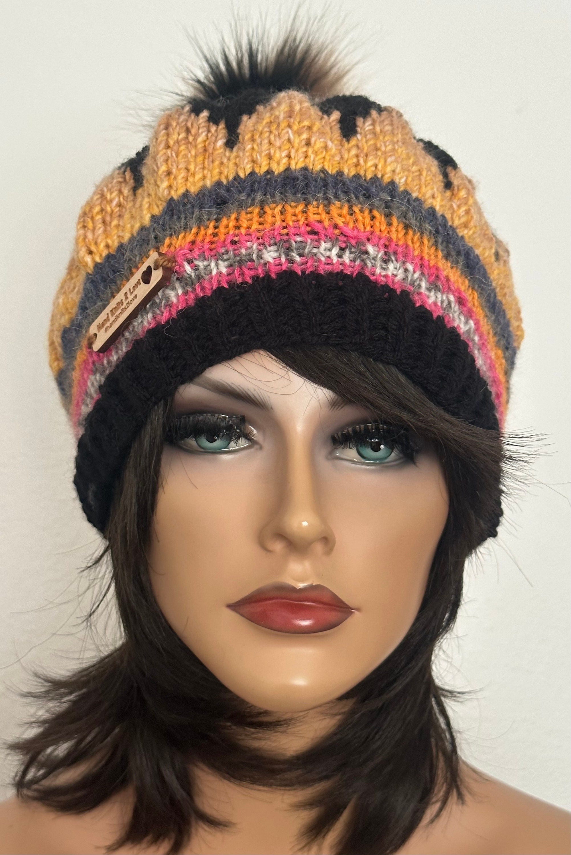 Hand Knits 2 Love Slouch Beanie Hat Hearts Valentine Fair-isle Faux Fur Pom Pom Tiny Heart Fair Isle Knit Beanie – Knittedhome main image 4