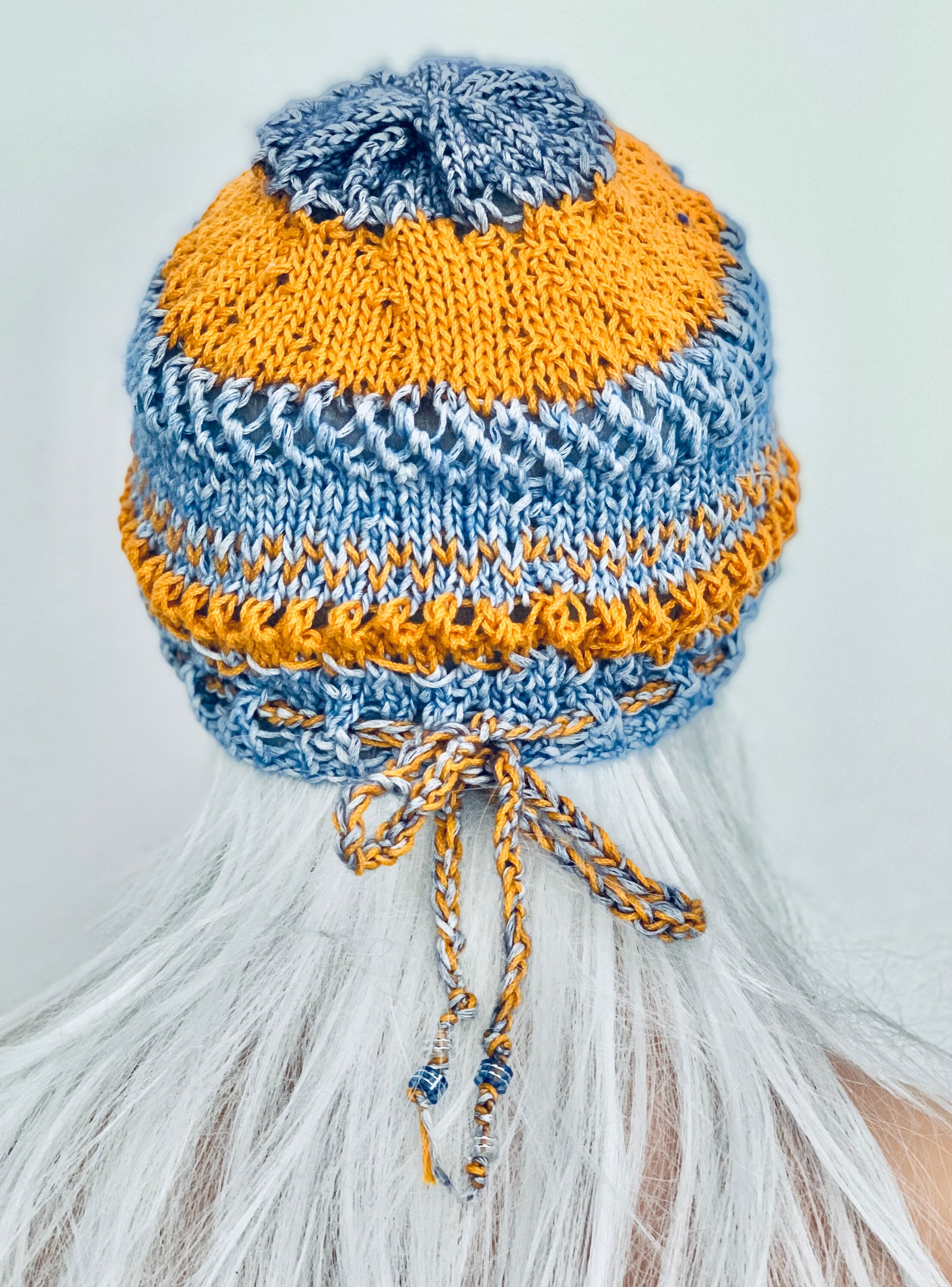 Hand Knits 2 Love Slouch Hat Beanie Cap Adjustable Fit Designer Navy White Gold Hand Knits 2 Love Cotton Slouch Hat Beanie Beret Cap Tam  main image 3