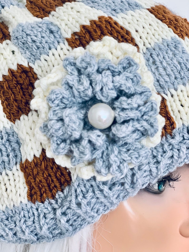 Hand Knits 2 Love Beanie Hat Slouch Cap Plaid Flower Checkers Designer Fashion Female Romantic F\u00e9minin Head Hair Chemo Gift Winter Ski Snow