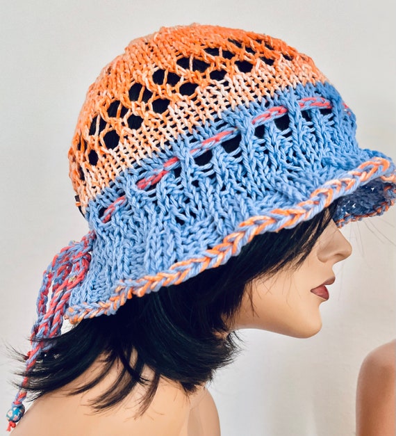 Hand Knits 2 Love Cotton Brim Hat Cap Adjustable Fit Tie 