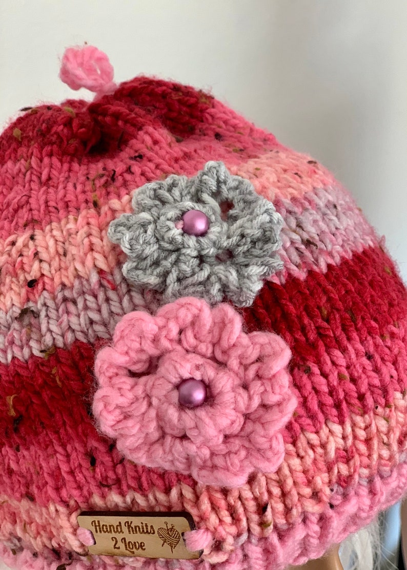 Hand Knits 2 Love Beanie Hat Slouch Cap Ombr\u00e9 Tweed Designer Fashion Flowers Beads Pink Grey Female Head Hair Chemo Gift Winter Christmas