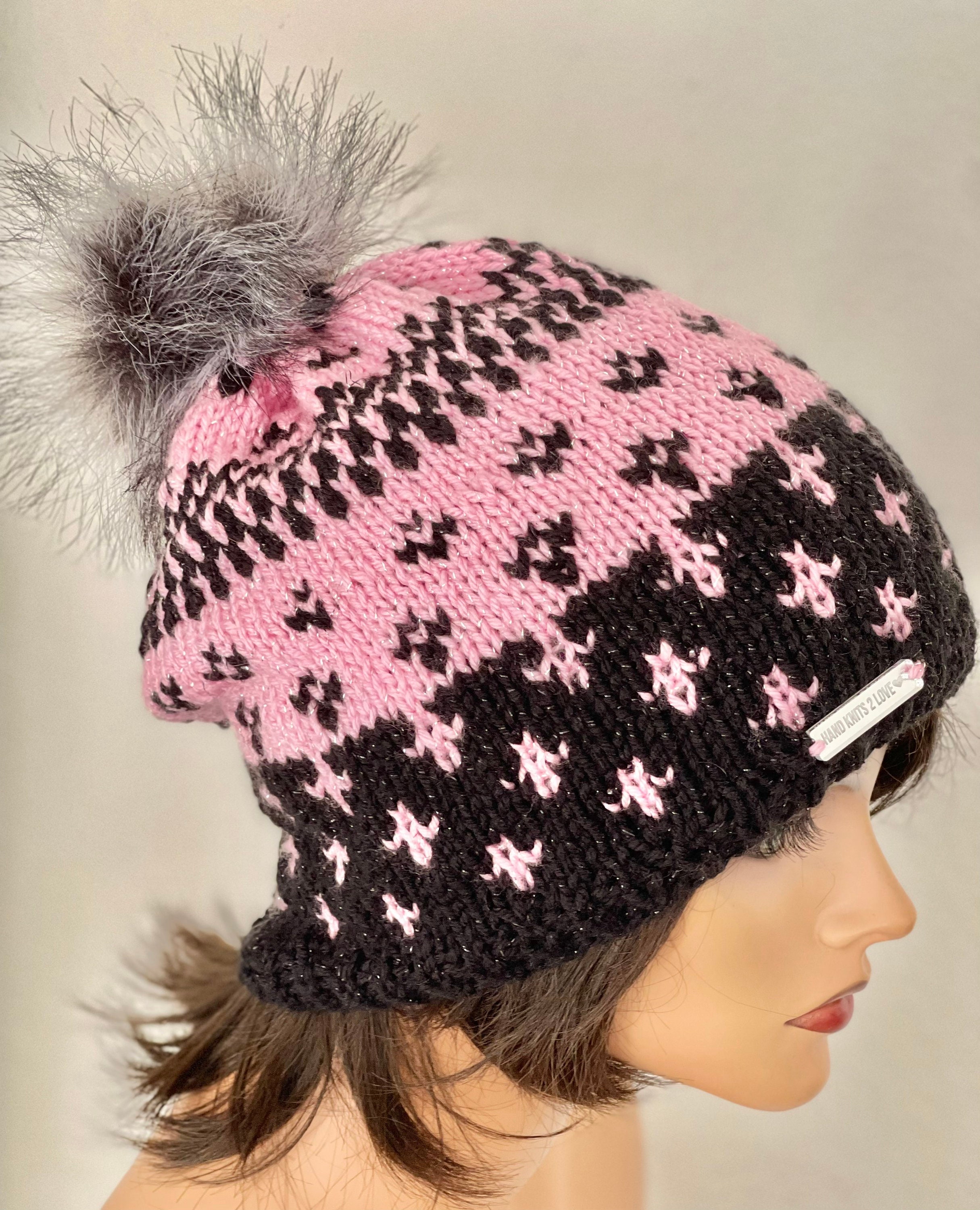 Hand Knits 2 Love Hat Beanie Slouch Cap Faux Fur Pom Pom  display picture 1