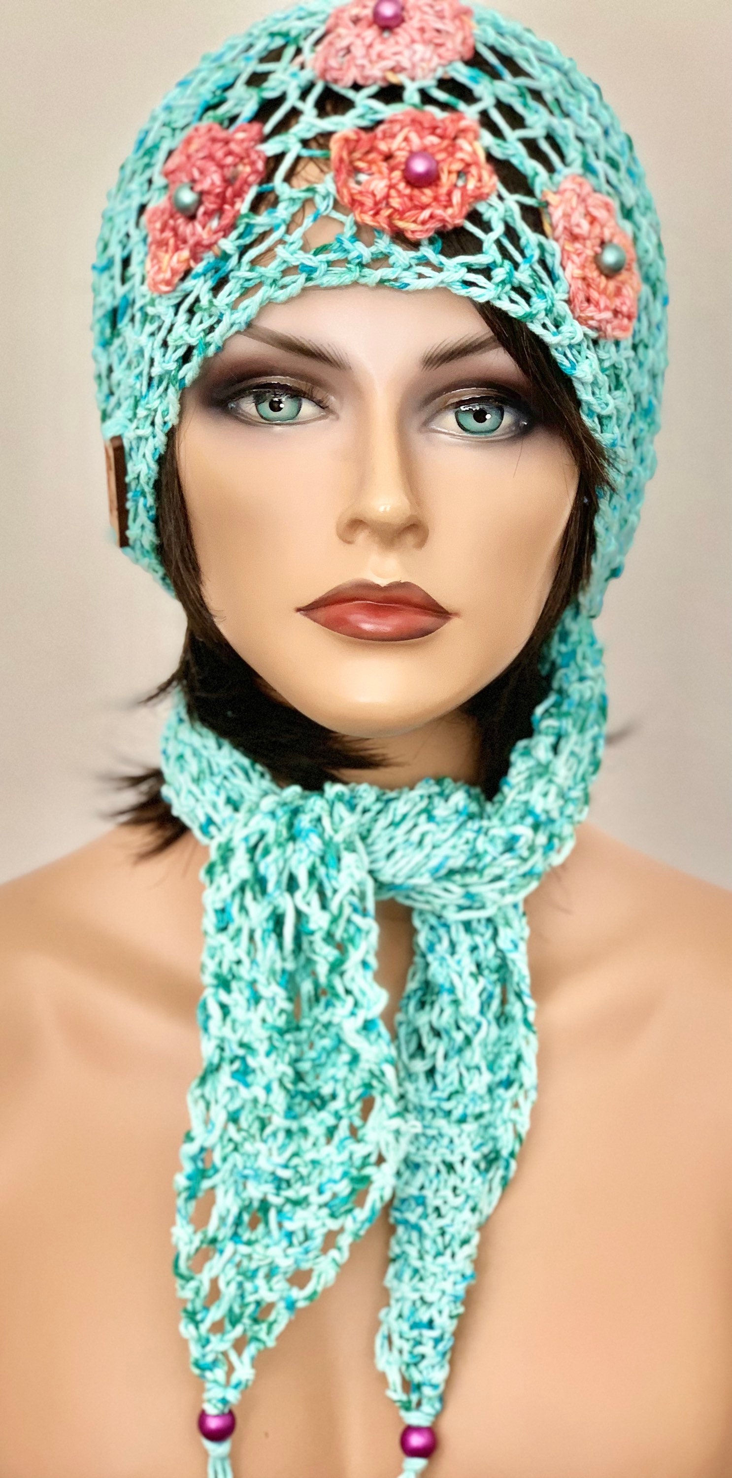 Hand Knits 2 Love Cotton Headband Headwrap Bandana Lace Flowers Cotton Mint Hip Hand Knits 2 Love Cotton Bandana Scarf Headwrap Headband  main image 4