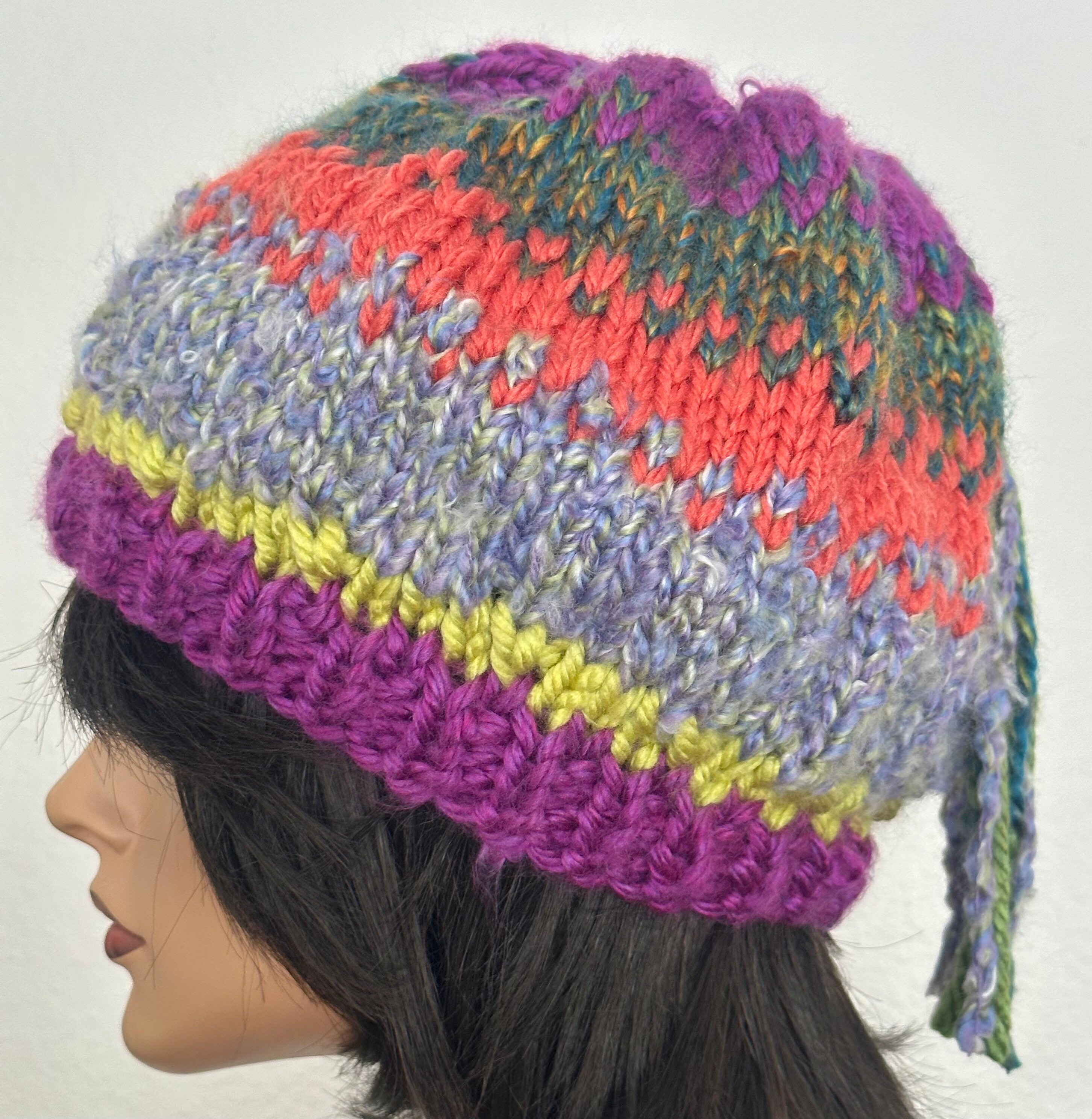 Hand Knits 2 Love Beajue Gat Cap Slouch Fair-isle Long Tassel Beads Designer Hip Fair Isle slouchy hat with braid and tassel and a square  main image 4