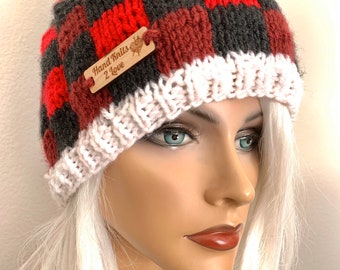 Hand Knits 2 Love Hat Beanie Cap Plaid Faux Fur Pom Pom  display picture 2