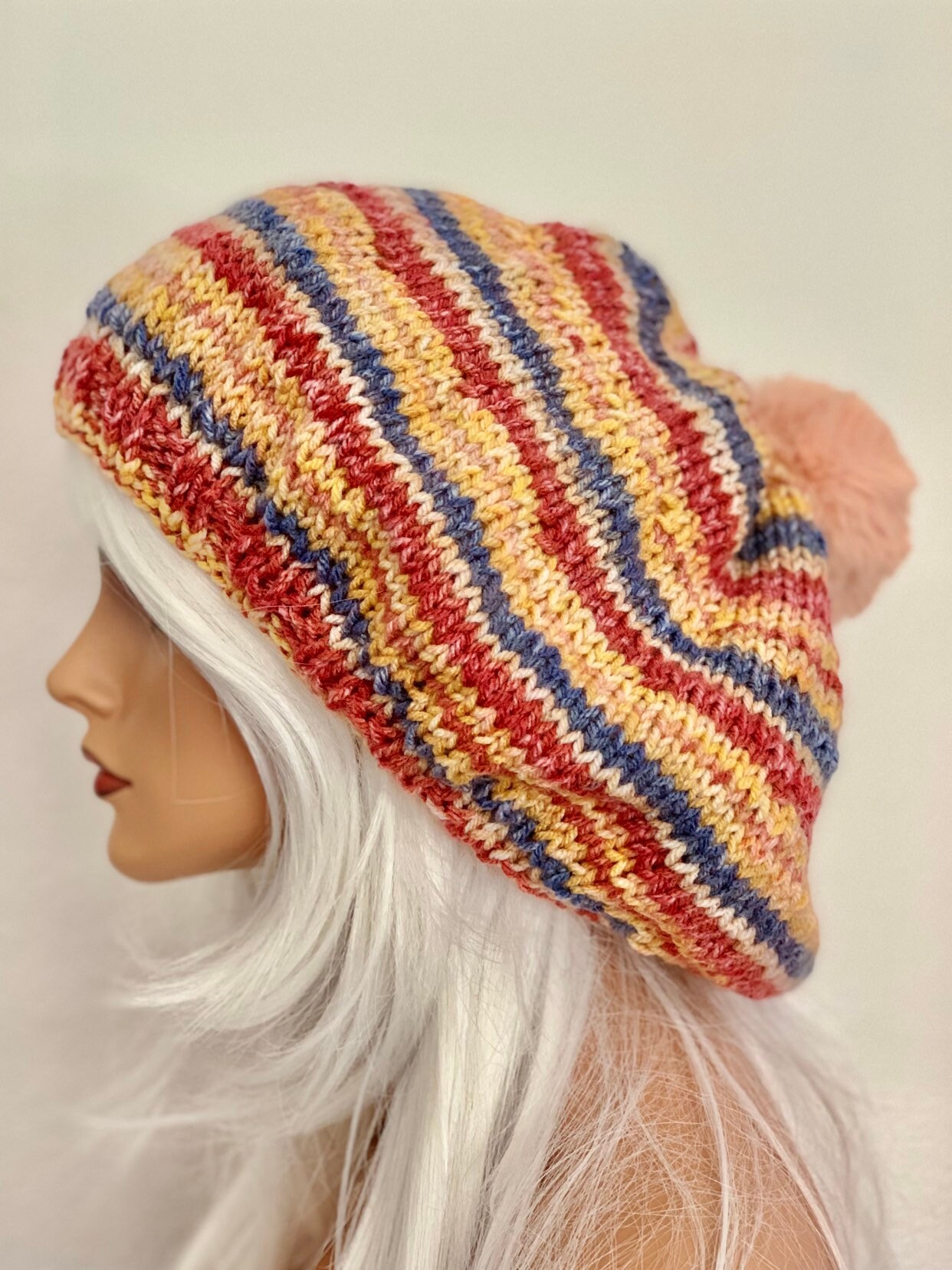 Hand Knits 2 Love Slouch Beanie Hat Beret Tam Faux Fur Pom  display picture 2