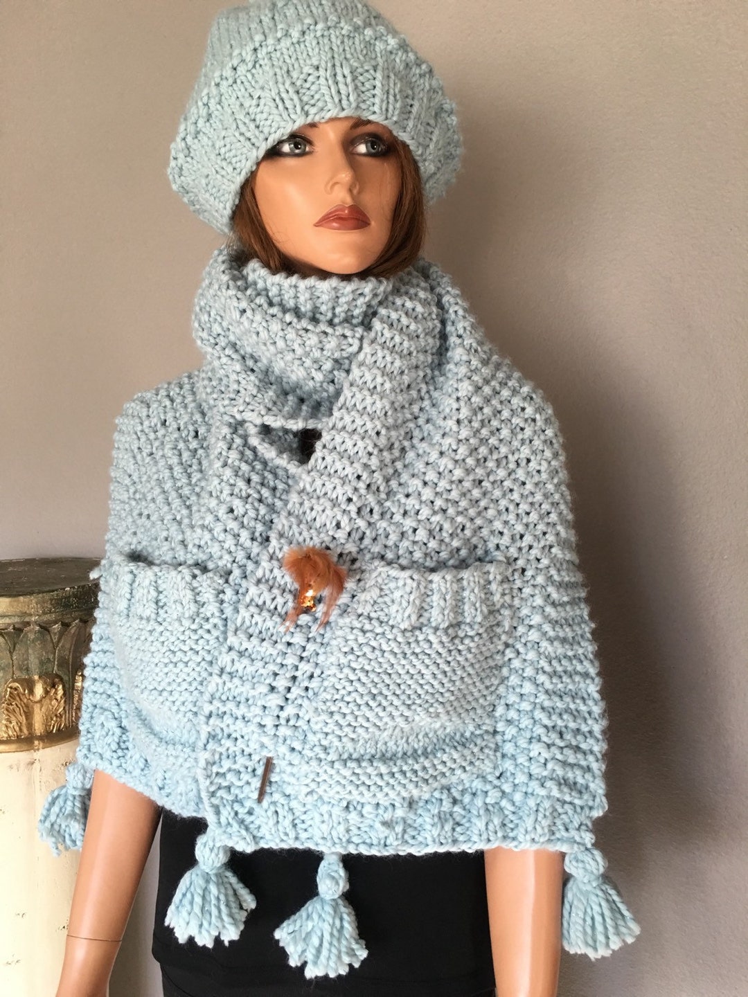 Hat Shawl Set Designer Fashion Slouch Beanie Pom Pom Seafoam 