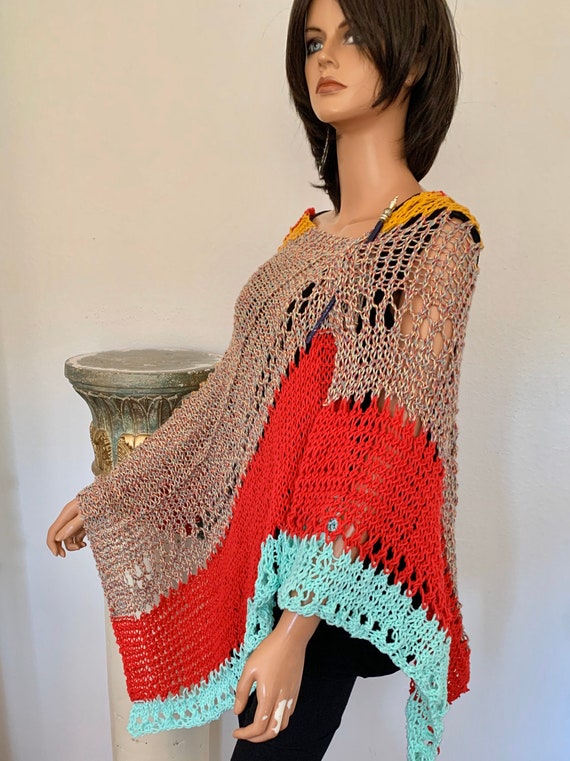 Hand Knits 2 Love Cotton Shawl Wrap Poncho Caplet Rustic Hip  display picture 2