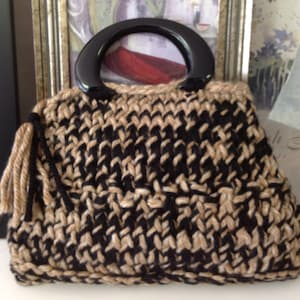 Hand Knit Handbag Bag Purse Black Mocha Acrylic Handles Shiny Designer Unique Fashion Accessories