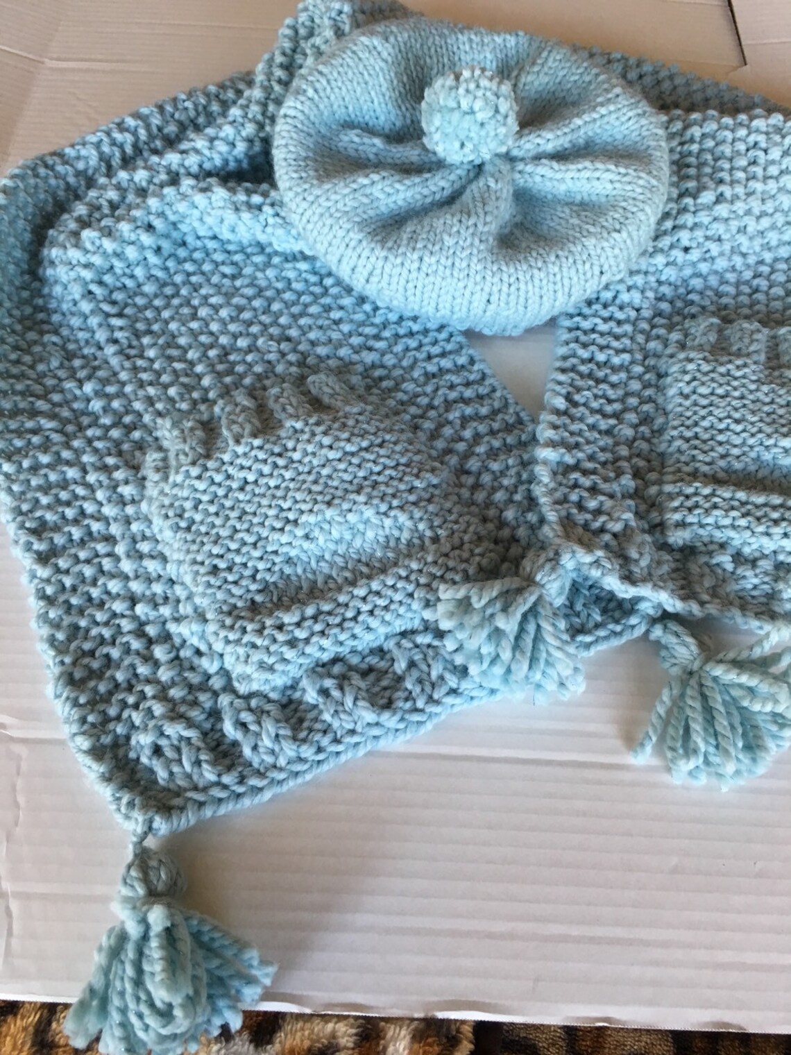Hat Shawl Set Designer Fashion Slouch Beanie Pom Pom Seafoam Etsy